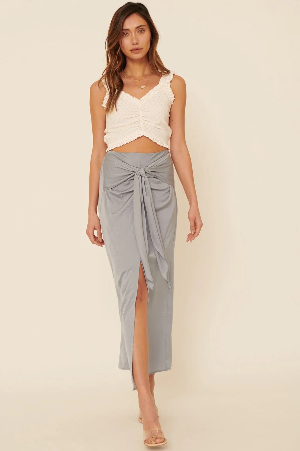 Faded Denim Woven Tie Waist Front Slit Straight Maxi Skirt - Image 3