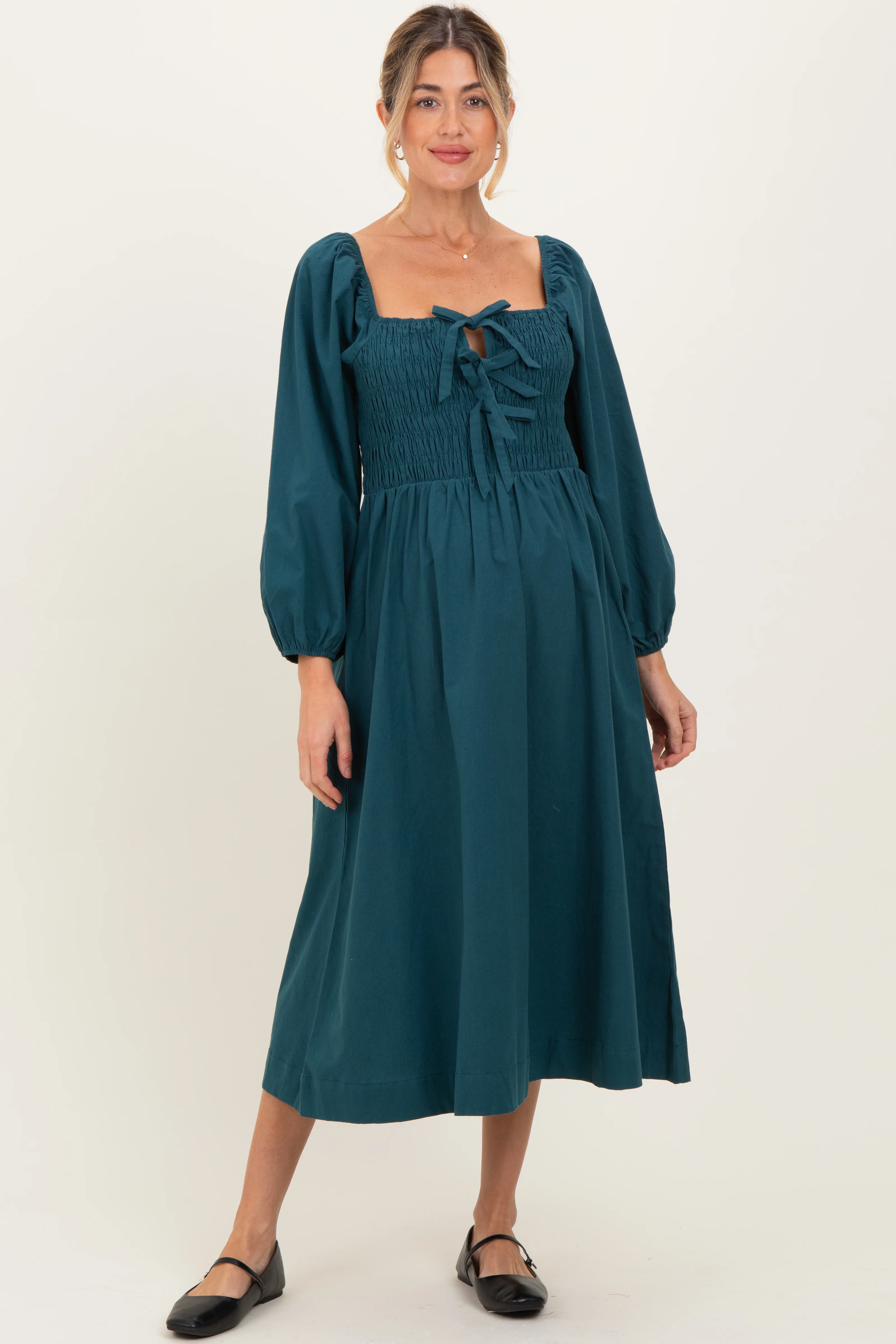 Forest Green Bow Detail Smocked Maternity Midi Dress