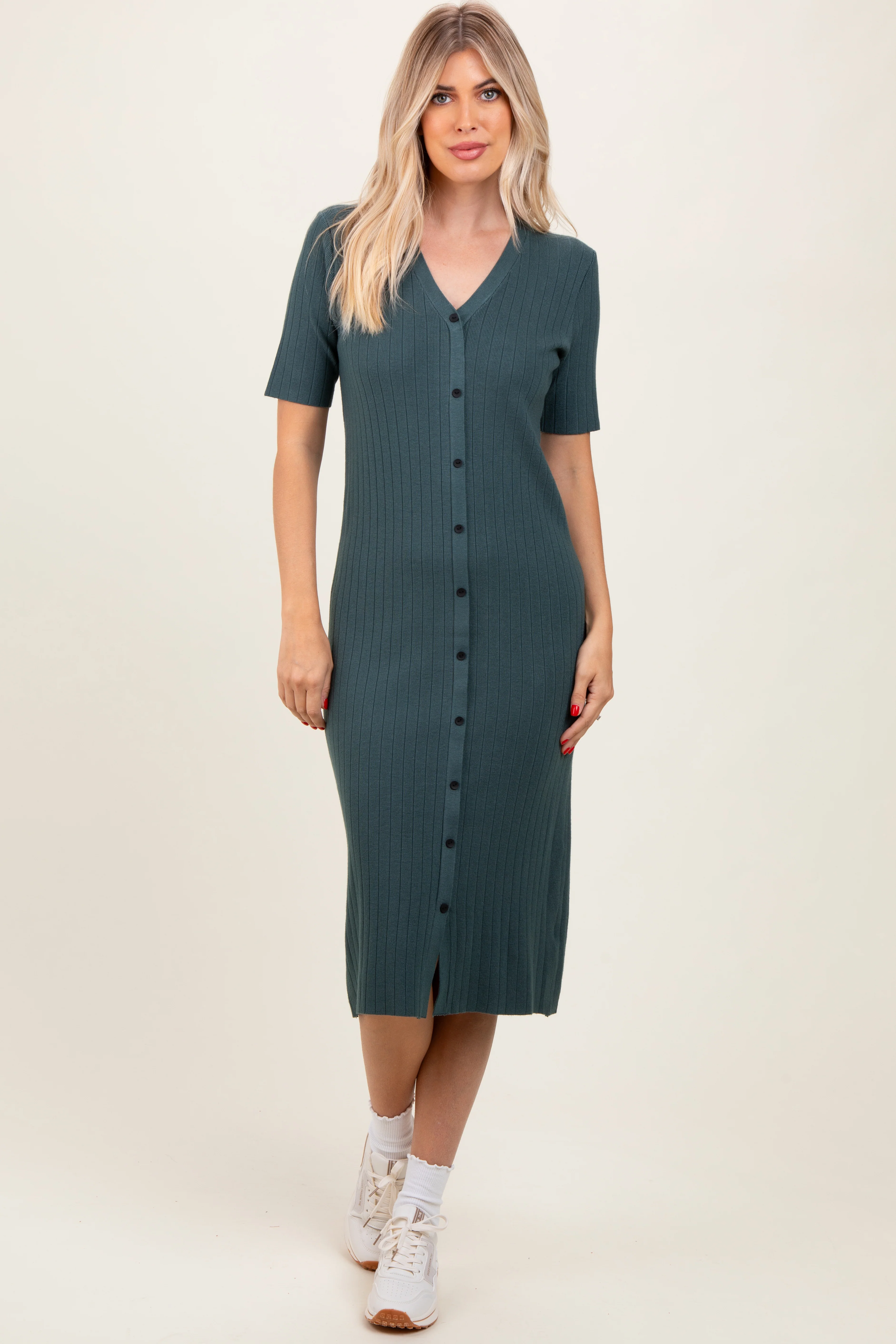 Forest Green Button Down Sweater Midi Dress - Image 4