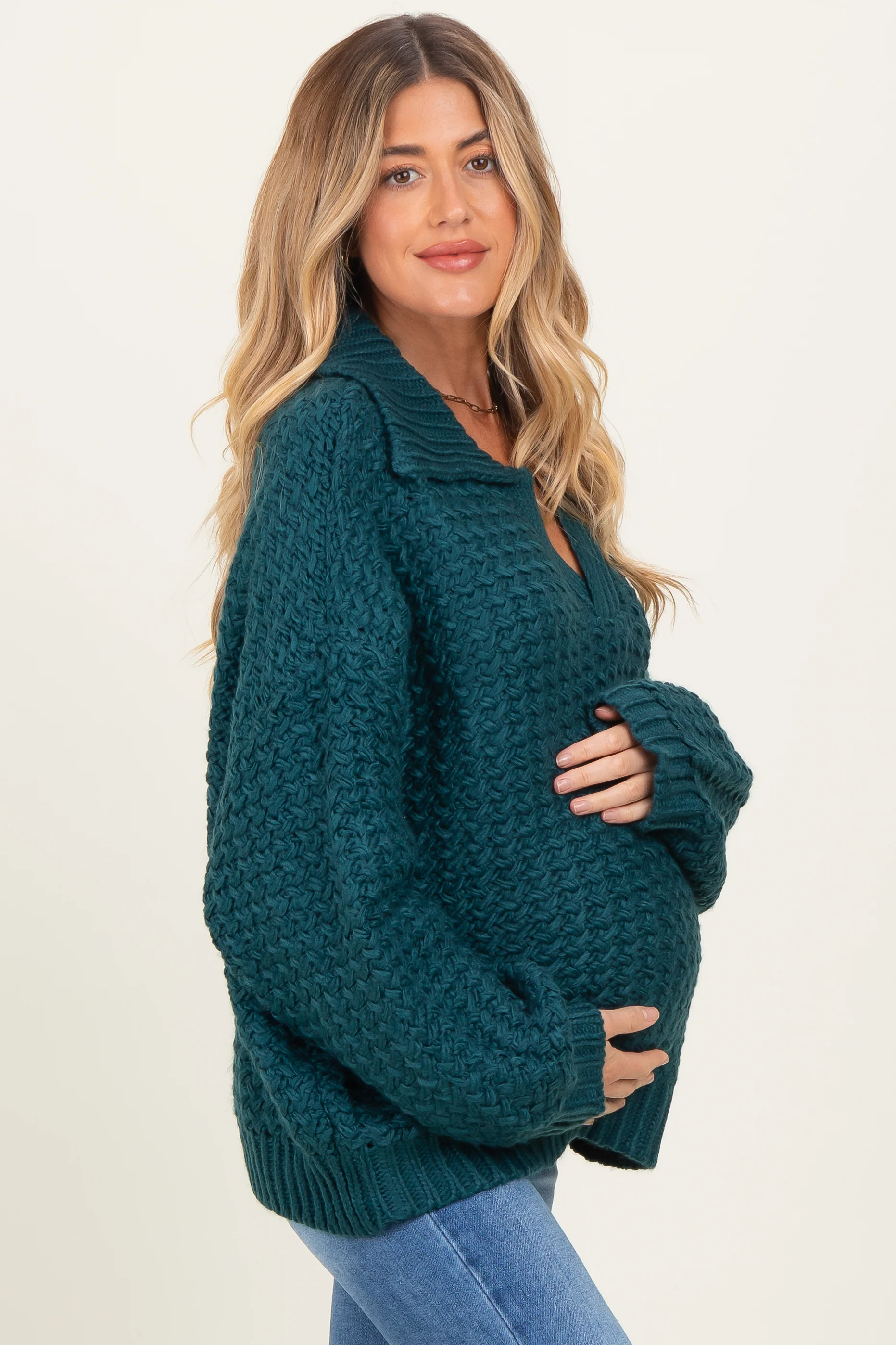 Forest Green Collared Cable Knit Maternity Sweater - Image 4