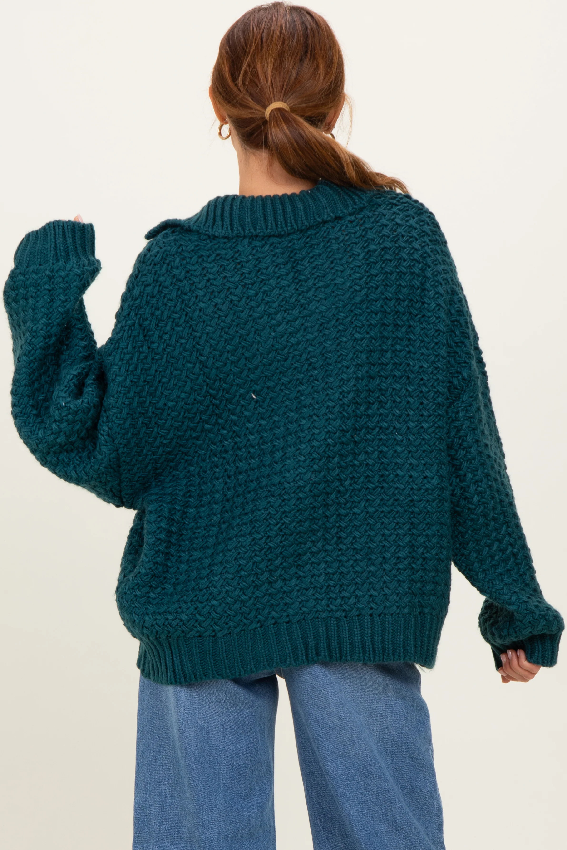 Forest Green Collared Cable Knit Sweater - Image 3