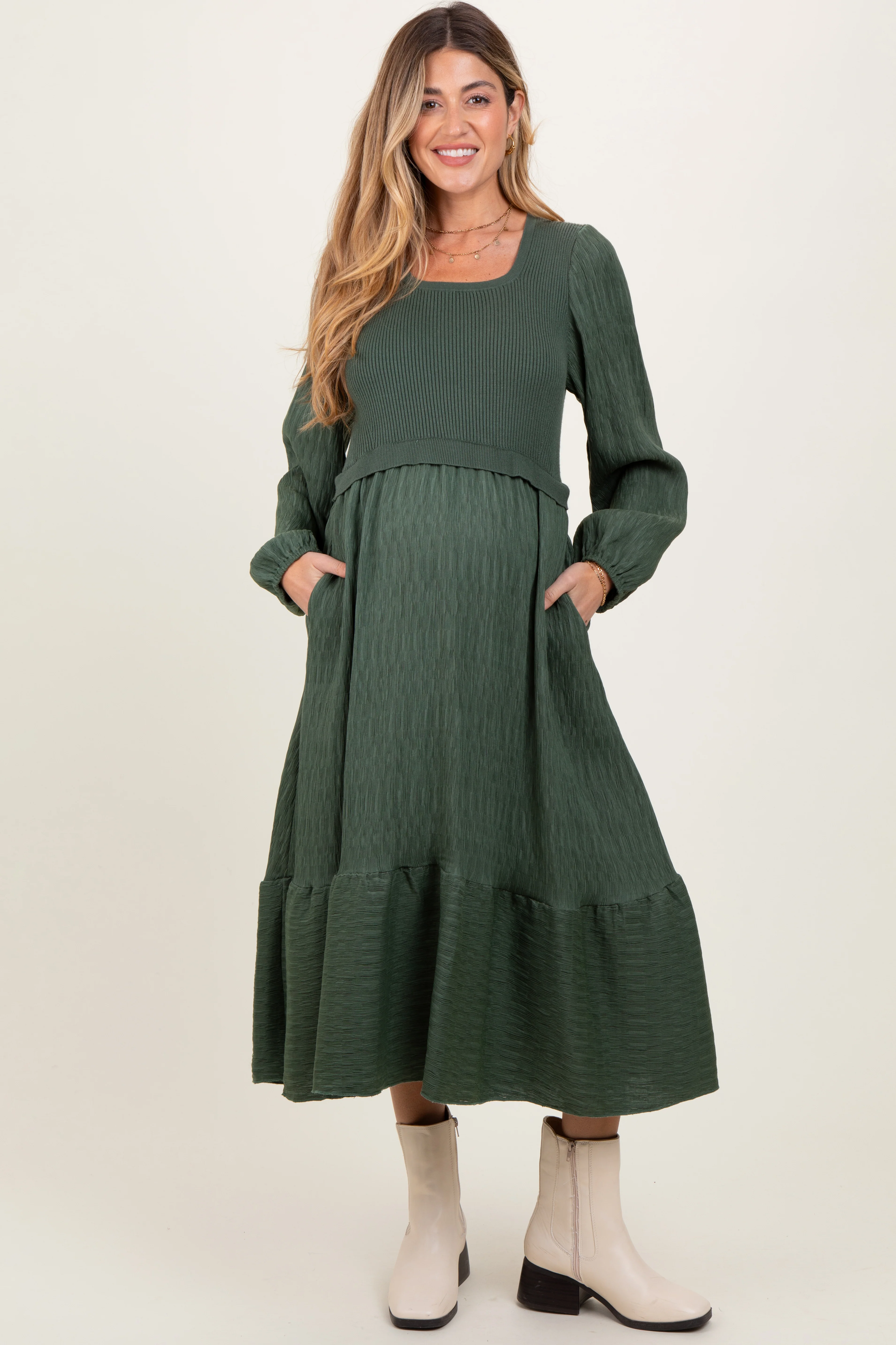 Forest Green Contrast Sweater Top Maternity Maxi Dress - Image 2