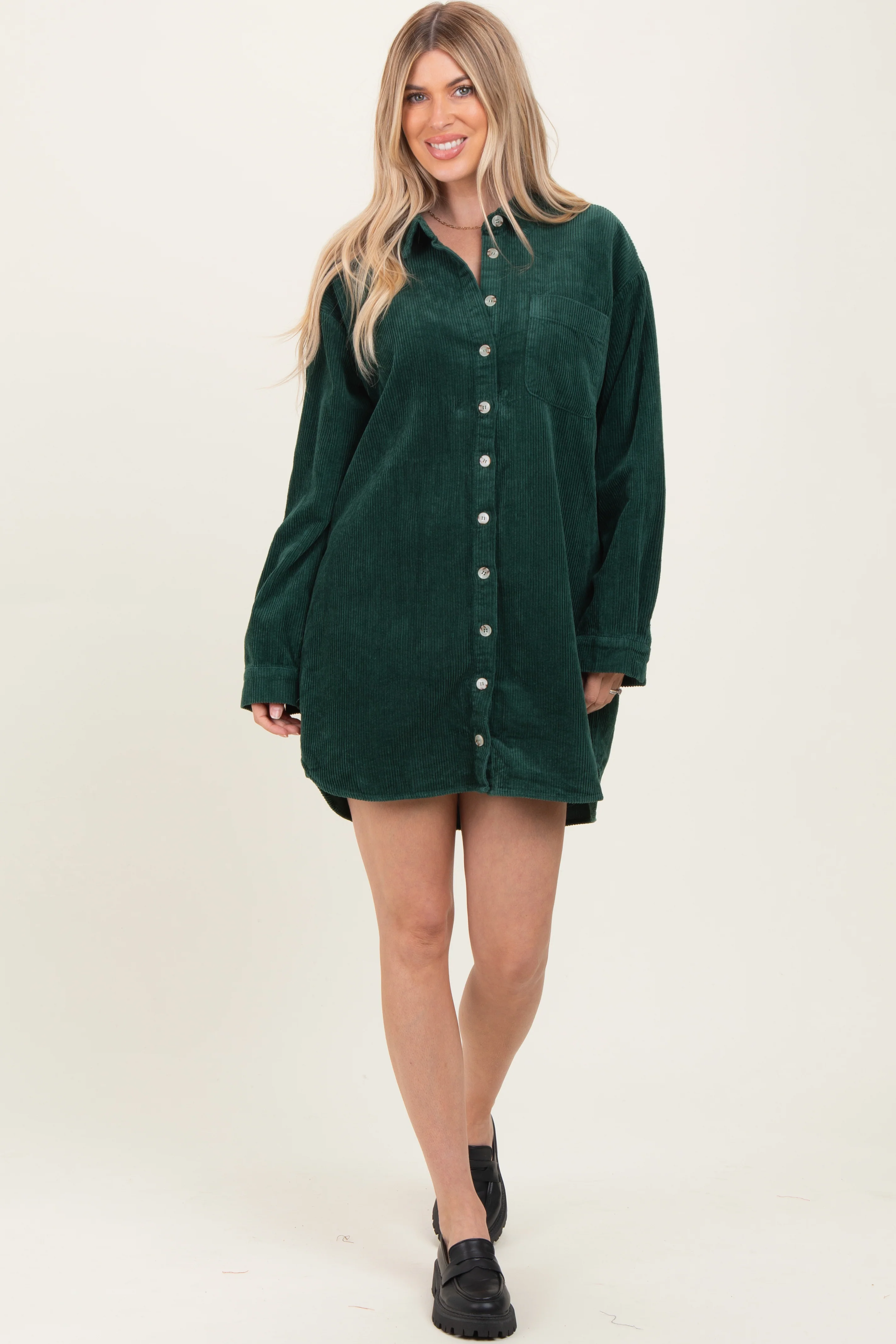 Forest Green Corduroy Maternity Shirt Mini Dress - Image 4
