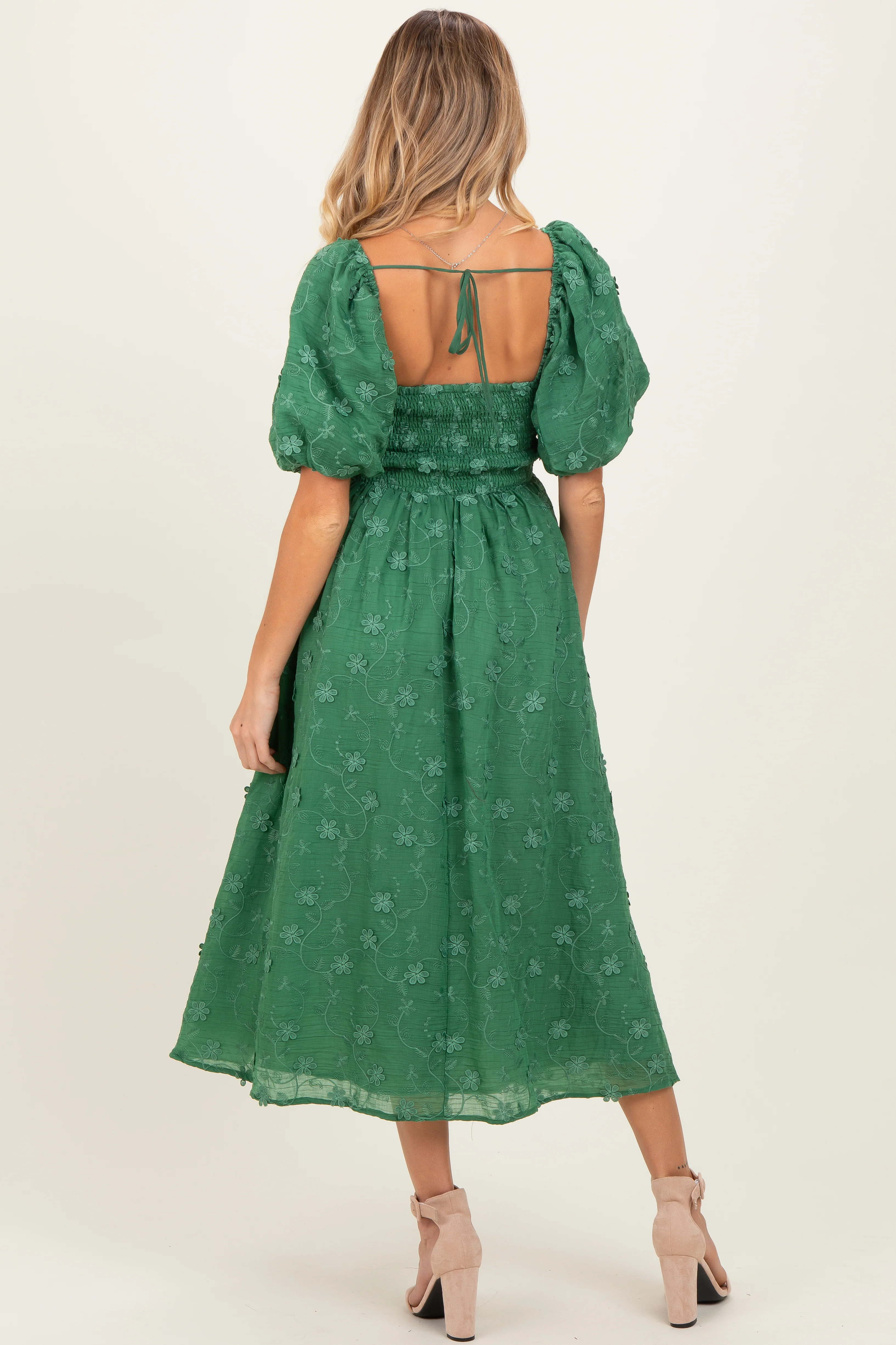 Forest Green Embroidered Floral Puff Sleeve Maternity Midi Dress - Image 3