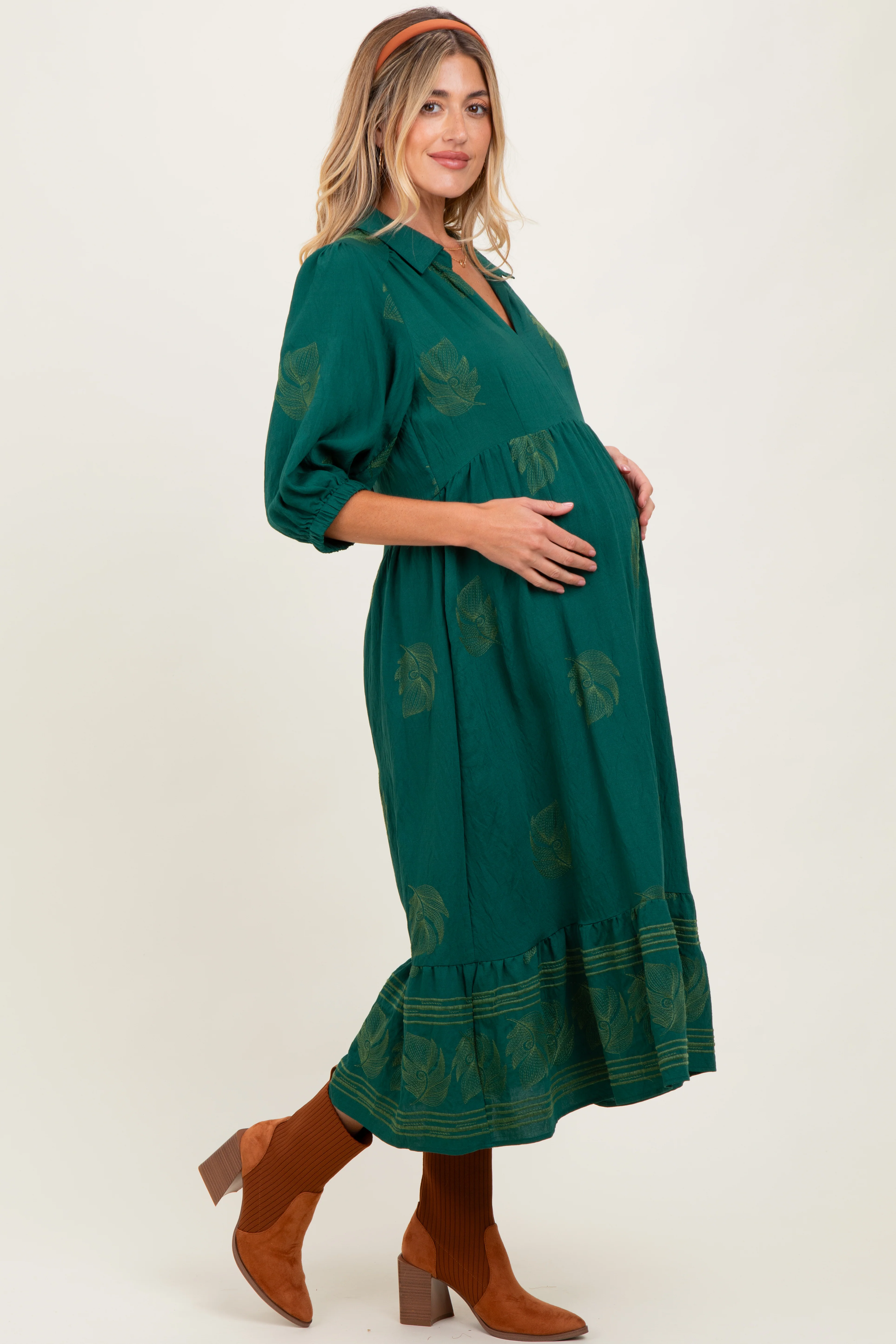 Forest Green Embroidered Leaf Print V-Neck Maternity Midi Dress - Image 3