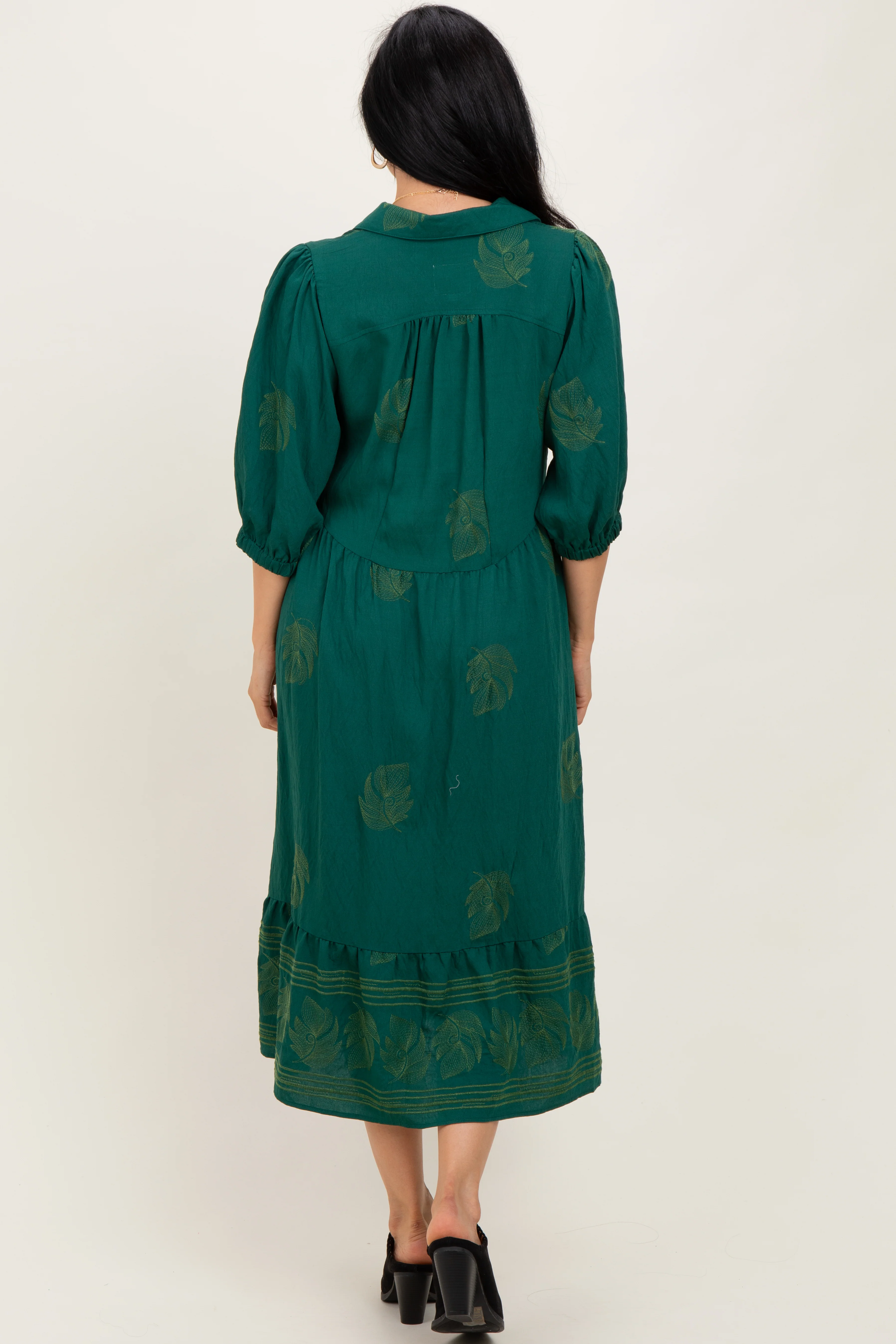 Forest Green Embroidered Leaf Print V-Neck Midi Dress - Image 4