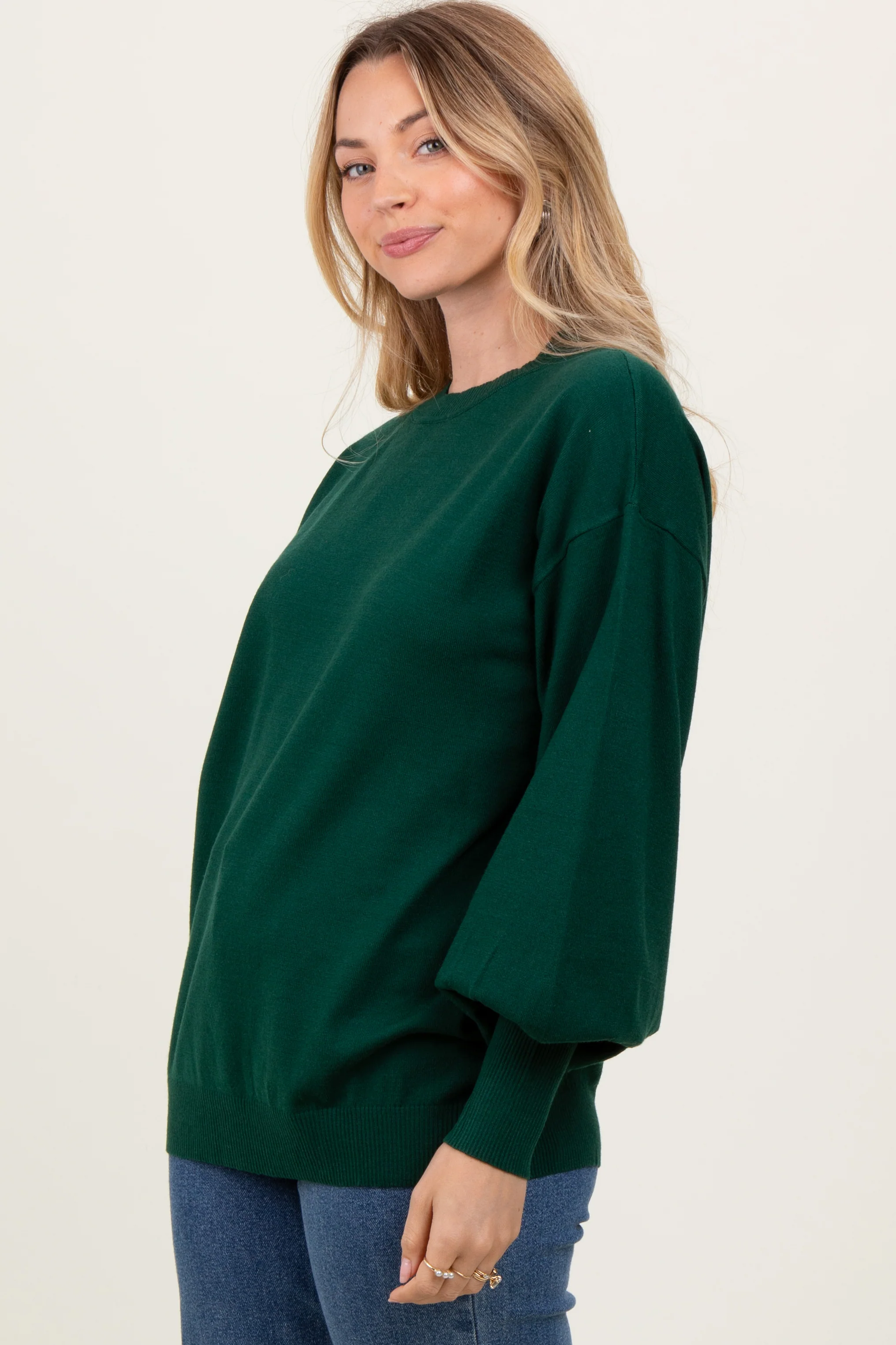 Forest Green Fine Knit Balloon Sleeve Sweater - Image 3