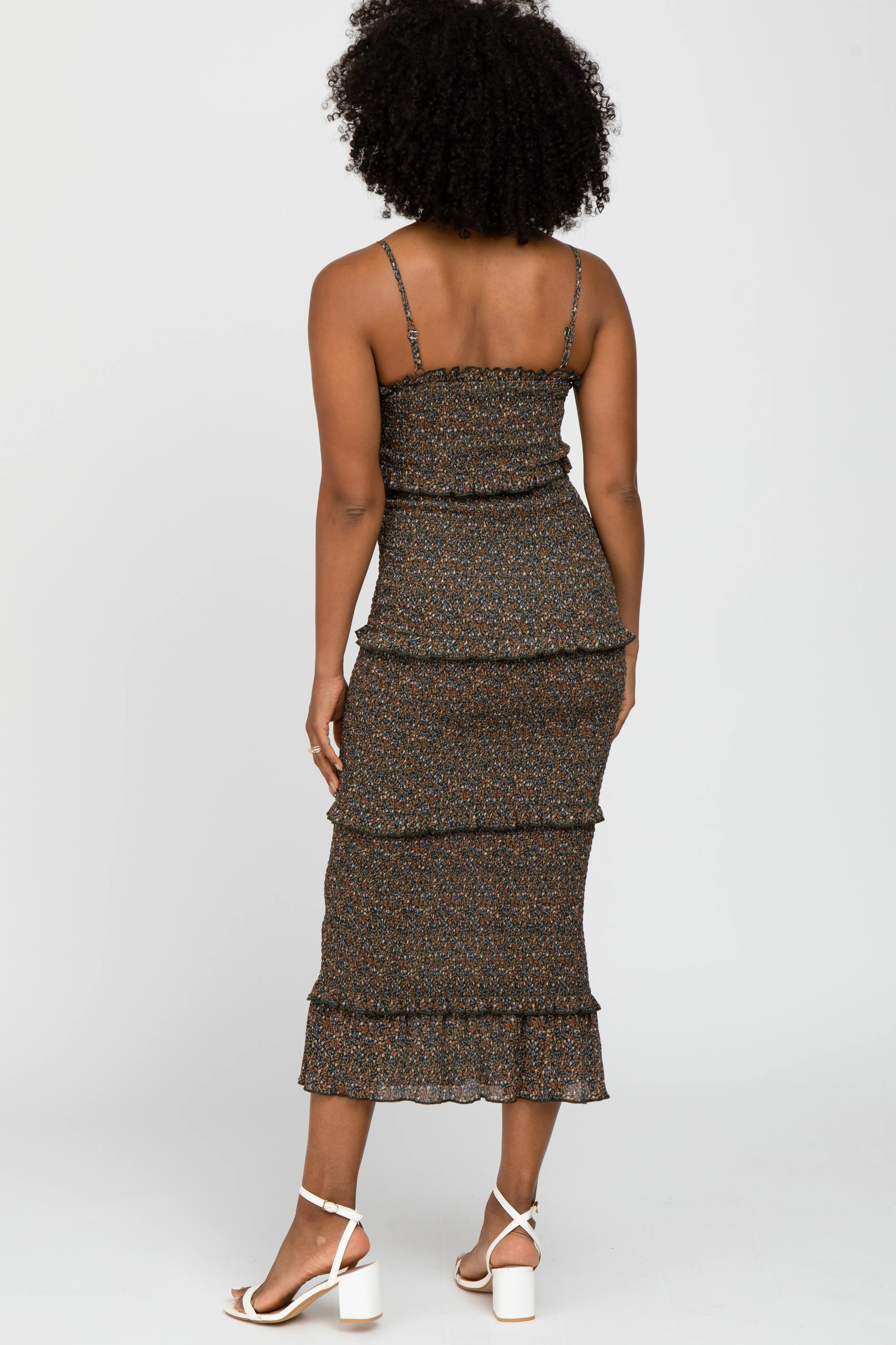 Forest Green Floral Print Smocked Fitted Midi Dress - Image 3