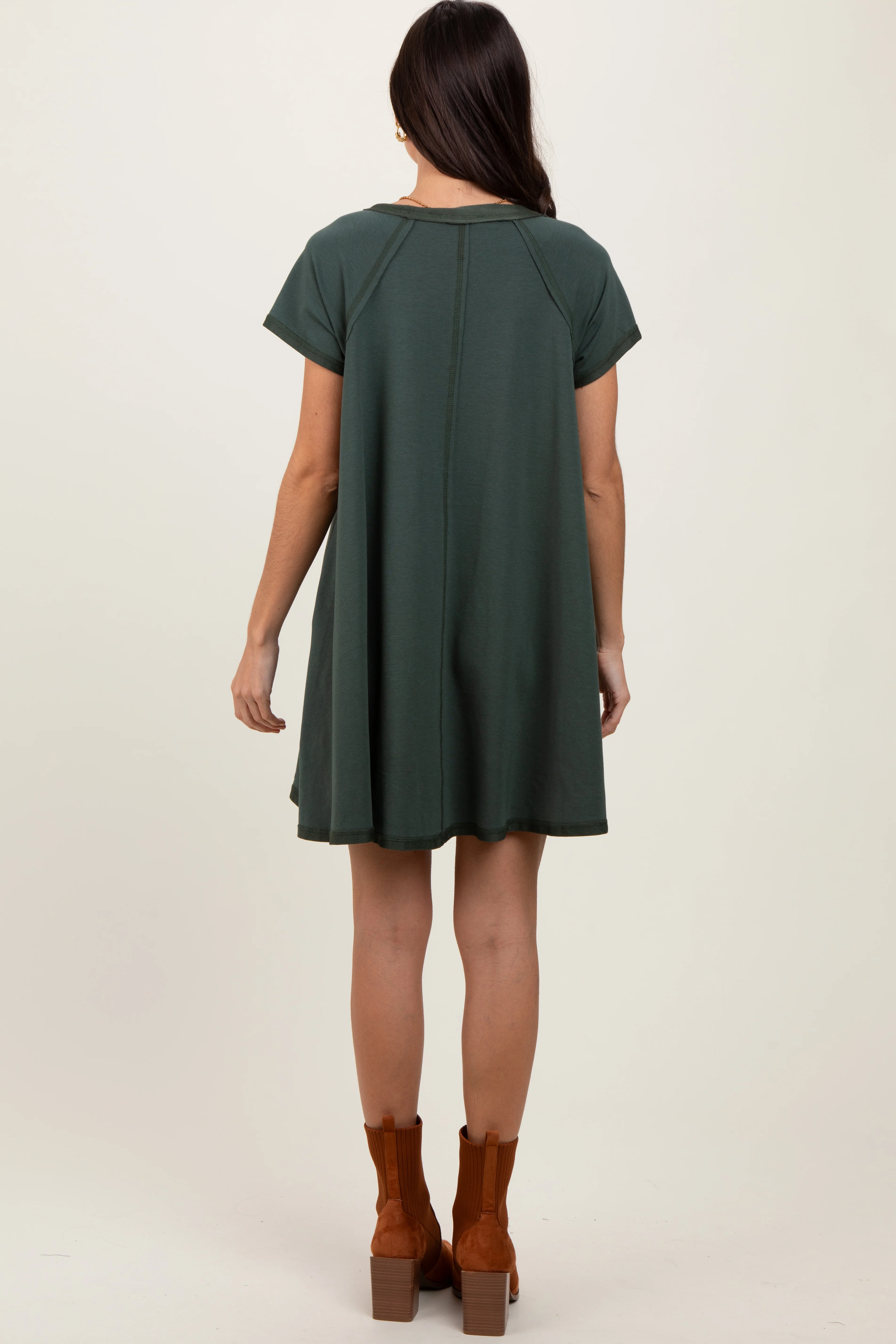 Forest Green French Terry Basic Short Sleeve Mini Dress - Image 3