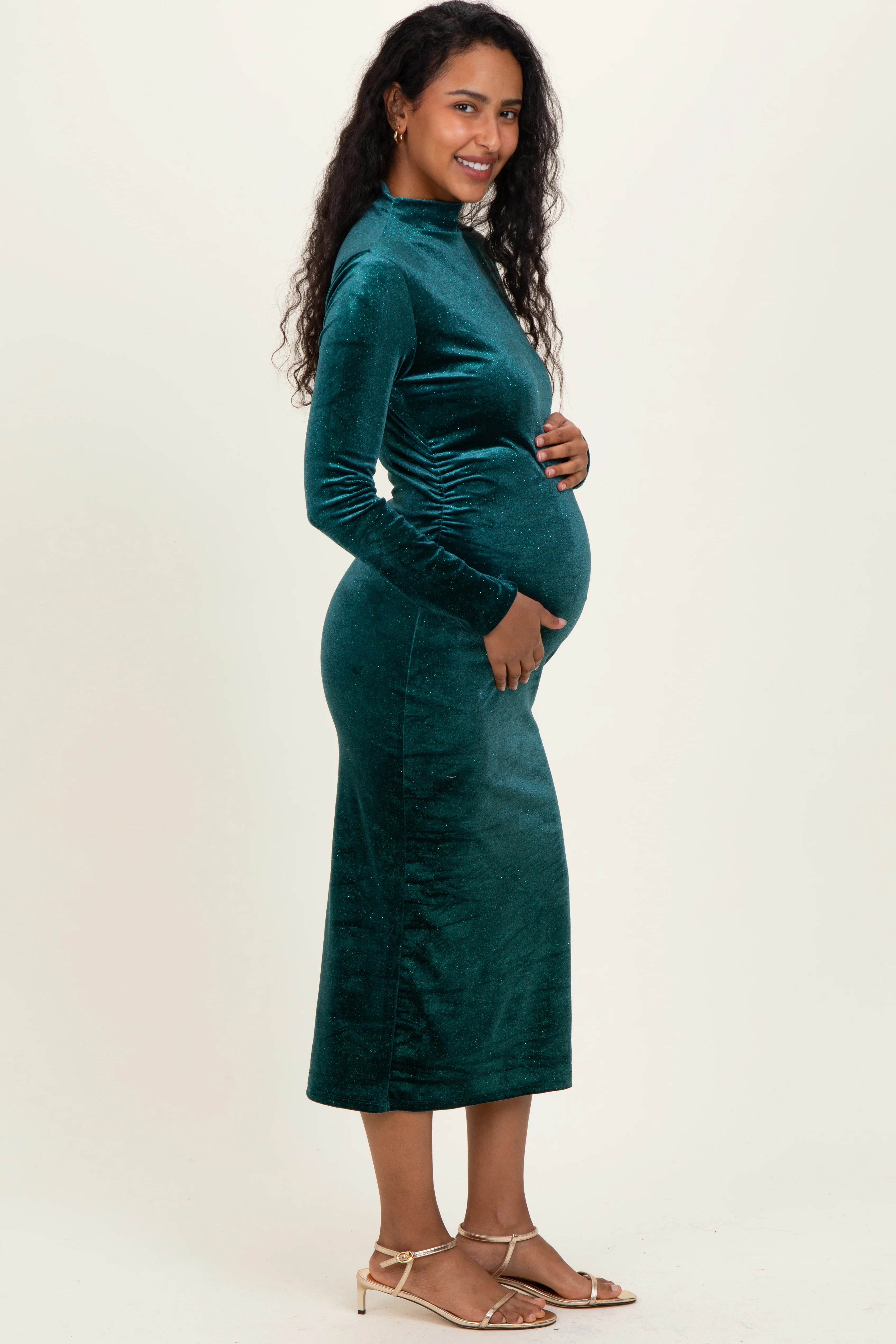 Forest Green Glitter Velvet Ruched Maternity Midi Dress - Image 3