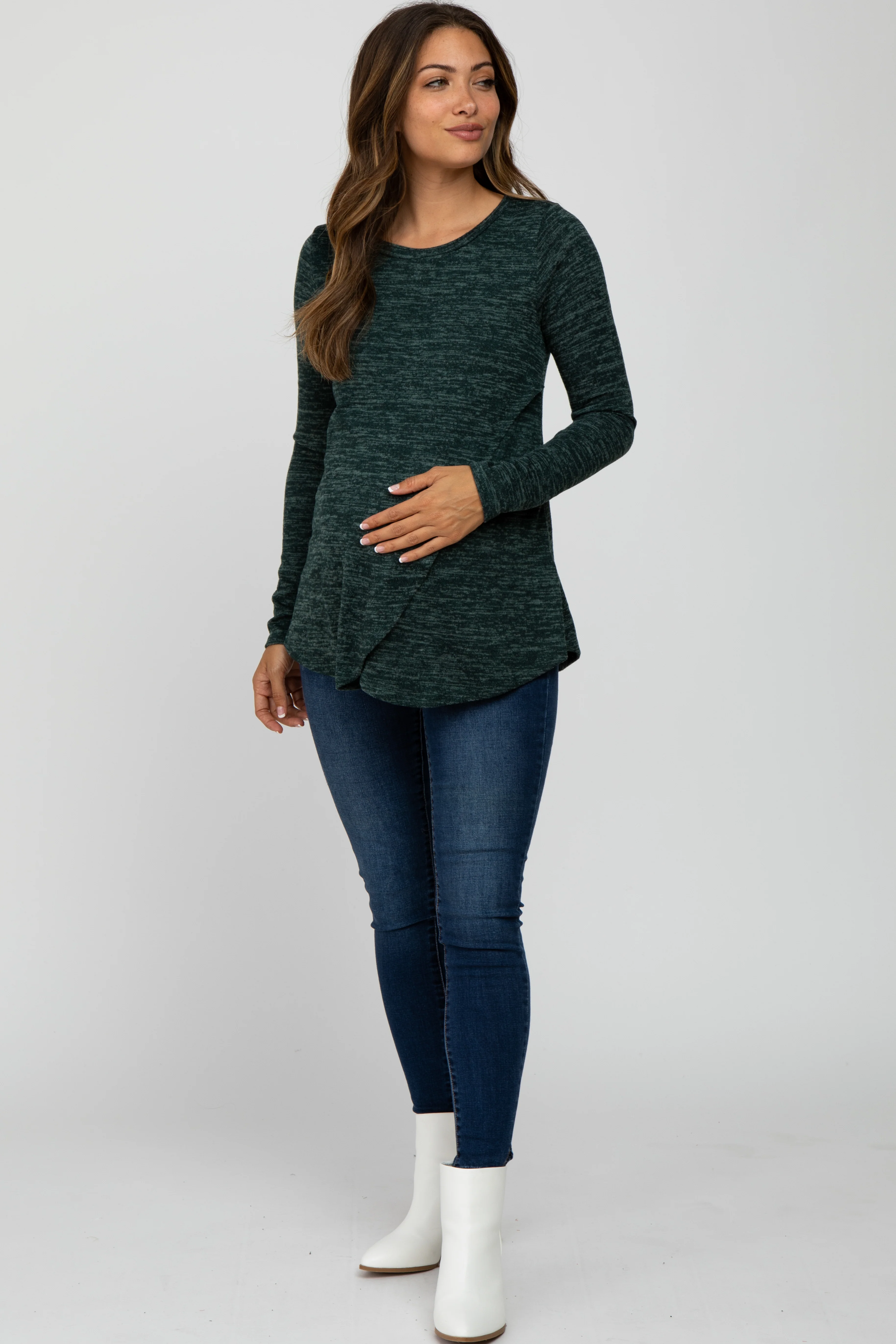 Forest Green Heather Knit Layered Front Maternity/Nursing Top - Image 4