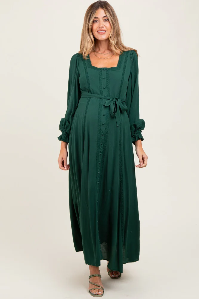 Forest Green Lace Detail Button Down Maternity Maxi Dress - Image 3