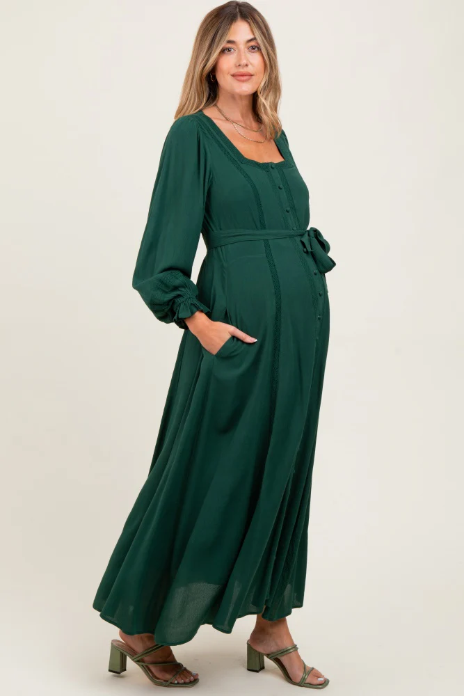 Forest Green Lace Detail Button Down Maternity Maxi Dress - Image 4