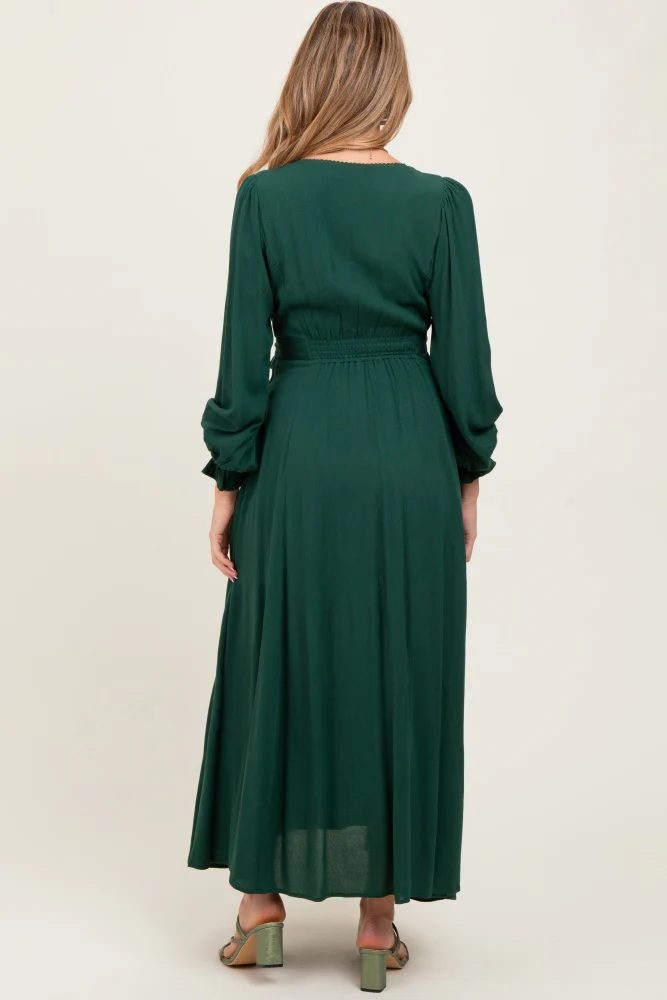 Forest Green Lace Detail Button Down Maternity Maxi Dress - Image 5