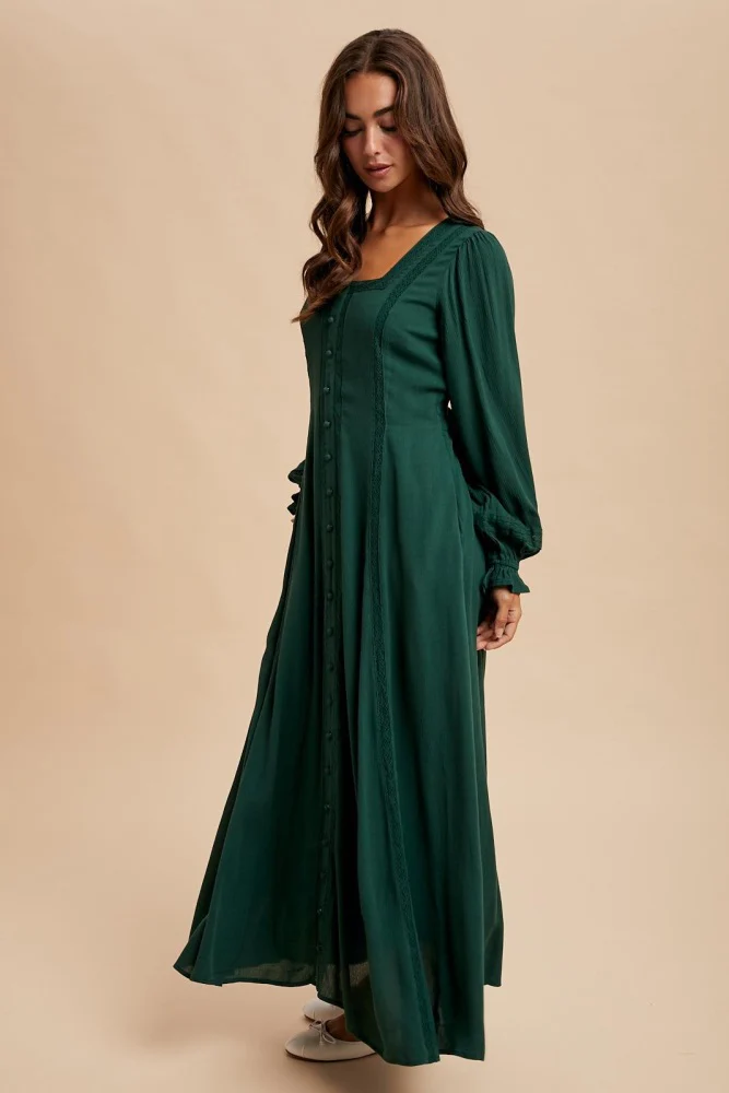 Forest Green Lace Detail Button Down Maternity Maxi Dress - Image 6