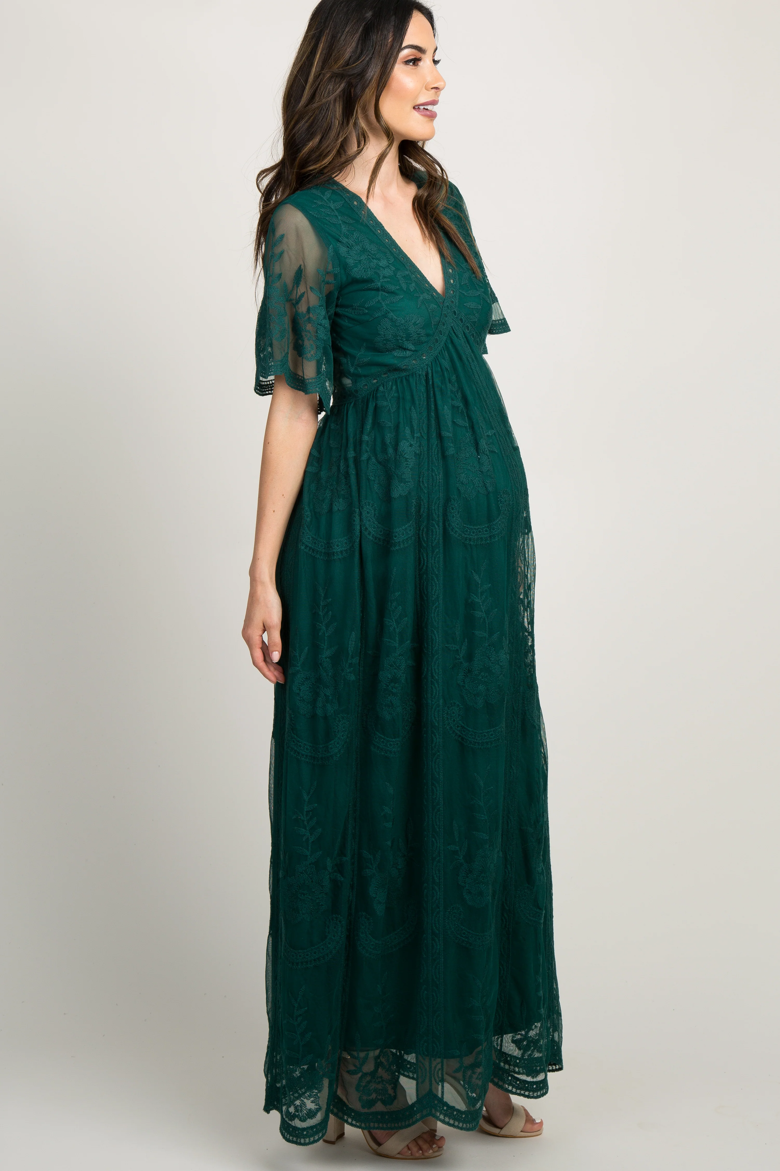 Forest Green Lace Mesh Overlay Maternity Maxi Dress - Image 3