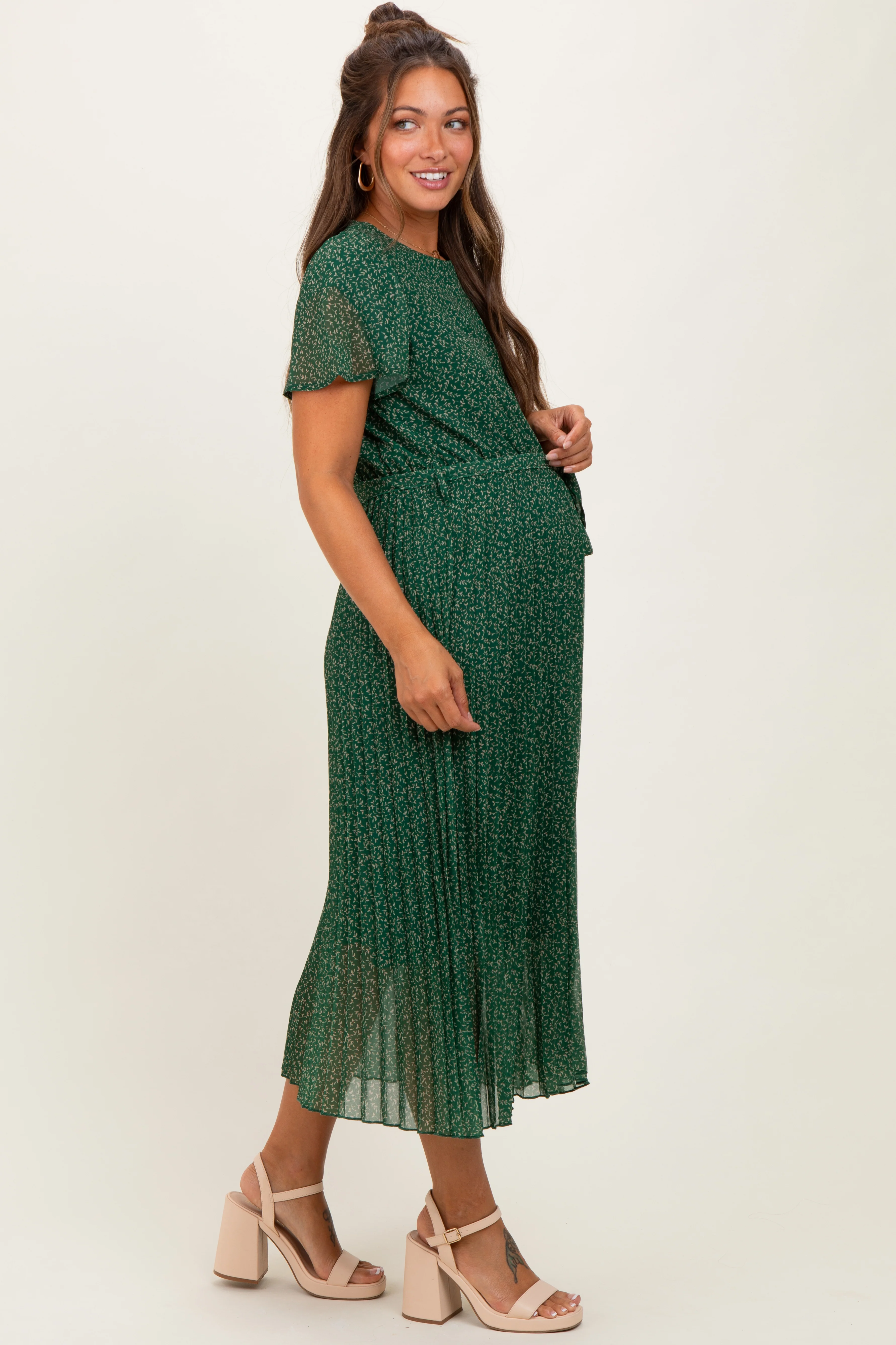 Forest Green Leaf Print Pleated Maternity Midi Dress - Image 2