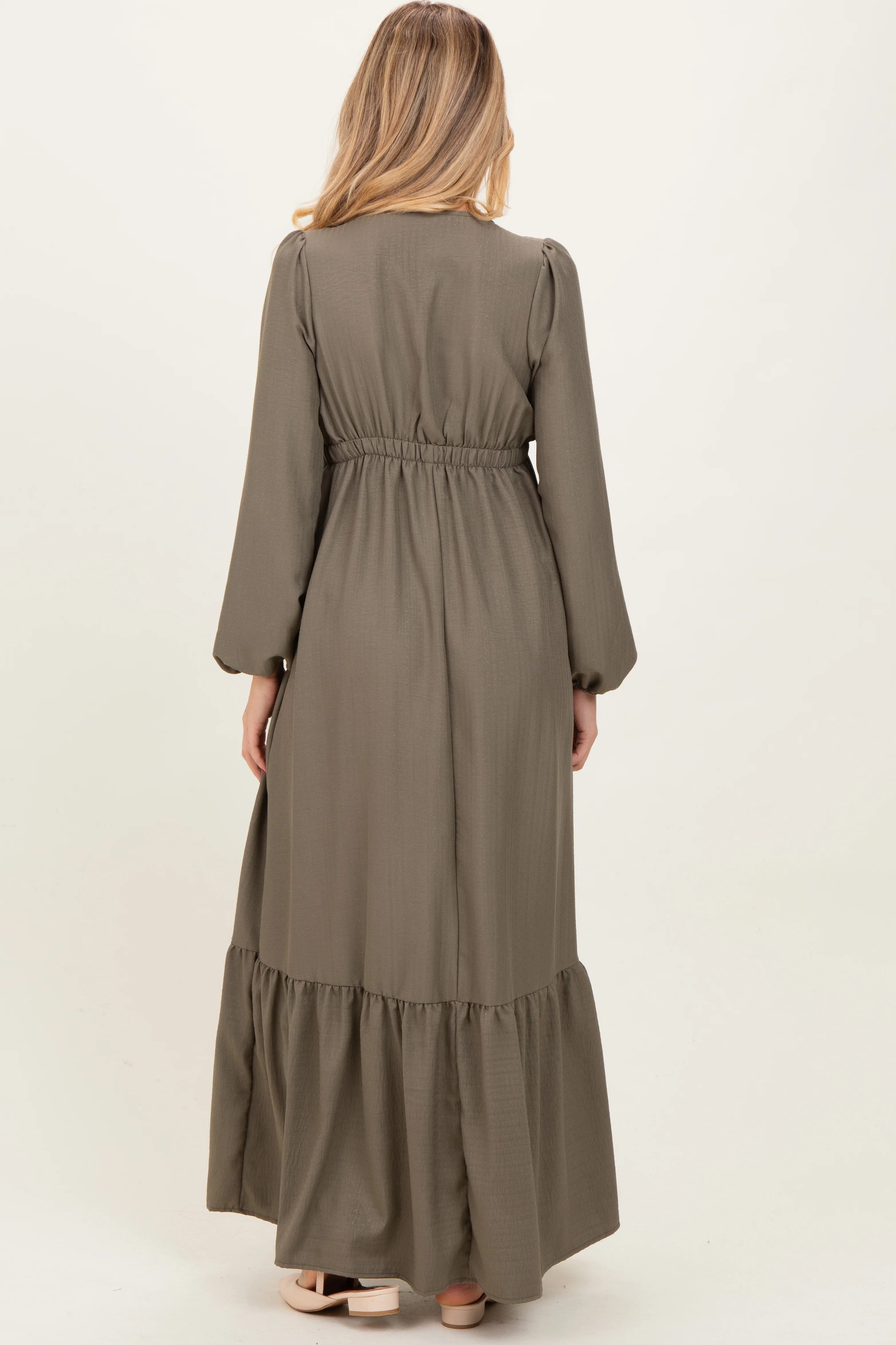 Forest Green Long Sleeve V-Neck Tiered Maternity Maxi Dress - Image 4