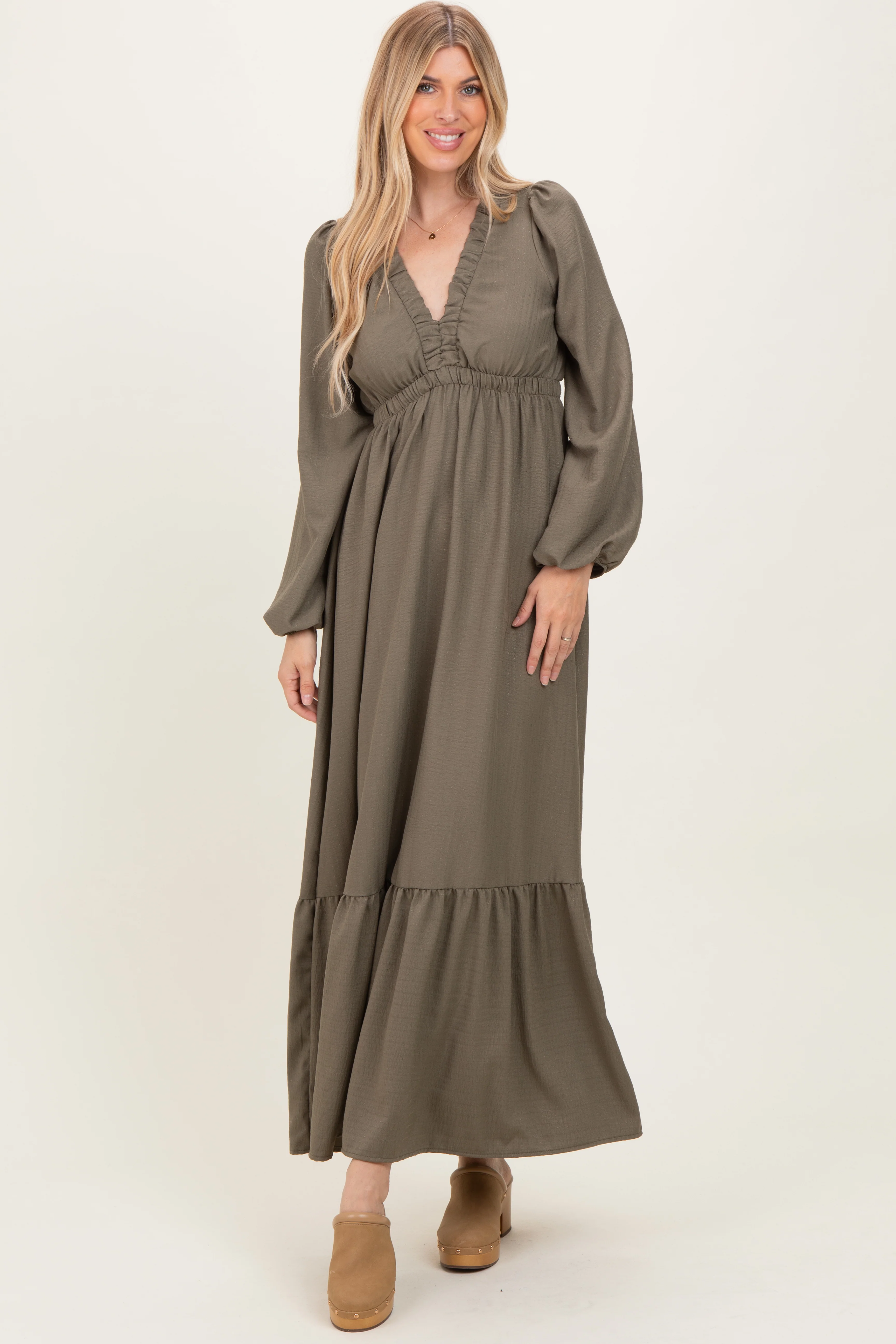 Forest Green Long Sleeve V-Neck Tiered Maxi Dress - Image 2