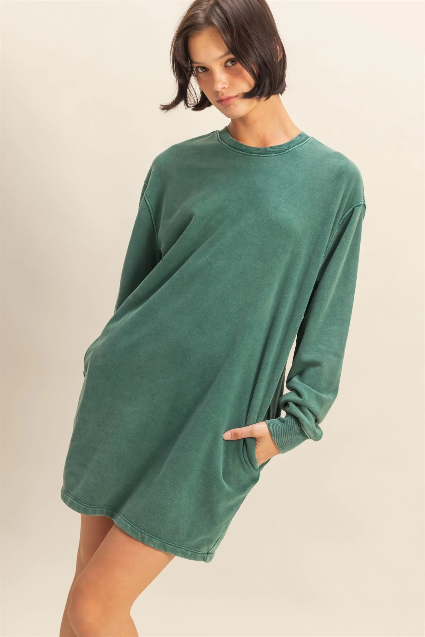Forest Green Mineral Wash Oversized Sweatshirt Mini Dress - Image 2
