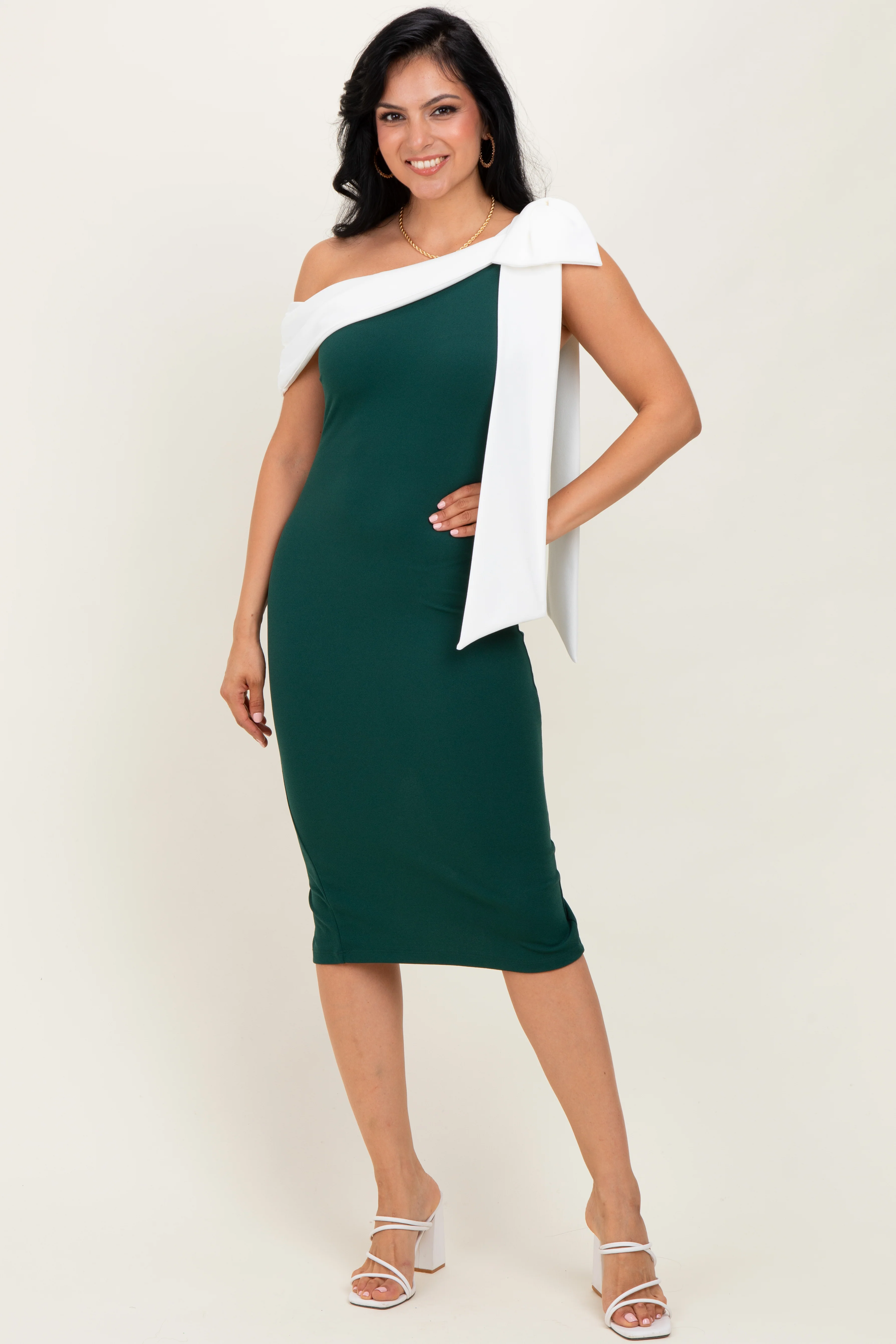 Forest Green Oversized Bow One Shoulder Maternity Midi Dress - Image 4
