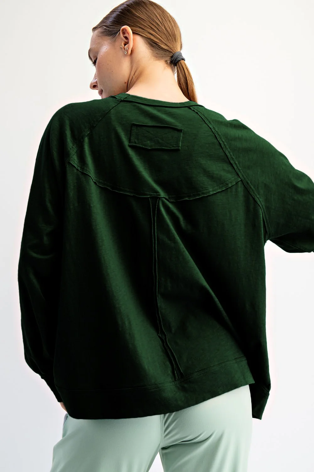 Forest Green Oversized Cotton Slub Long Sleeve Top - Image 4