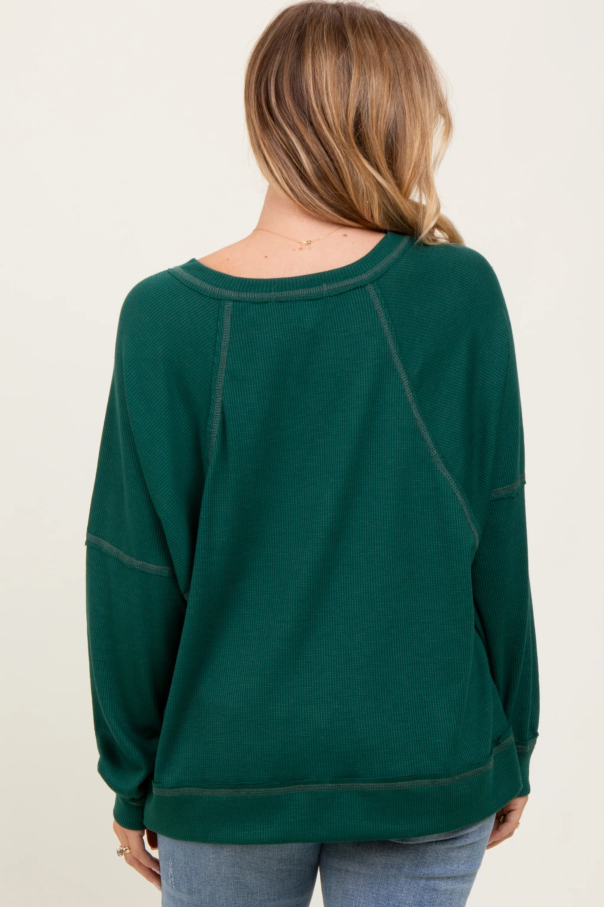 Forest Green Oversized V-Neck Waffle Knit Long Sleeve Top - Image 4