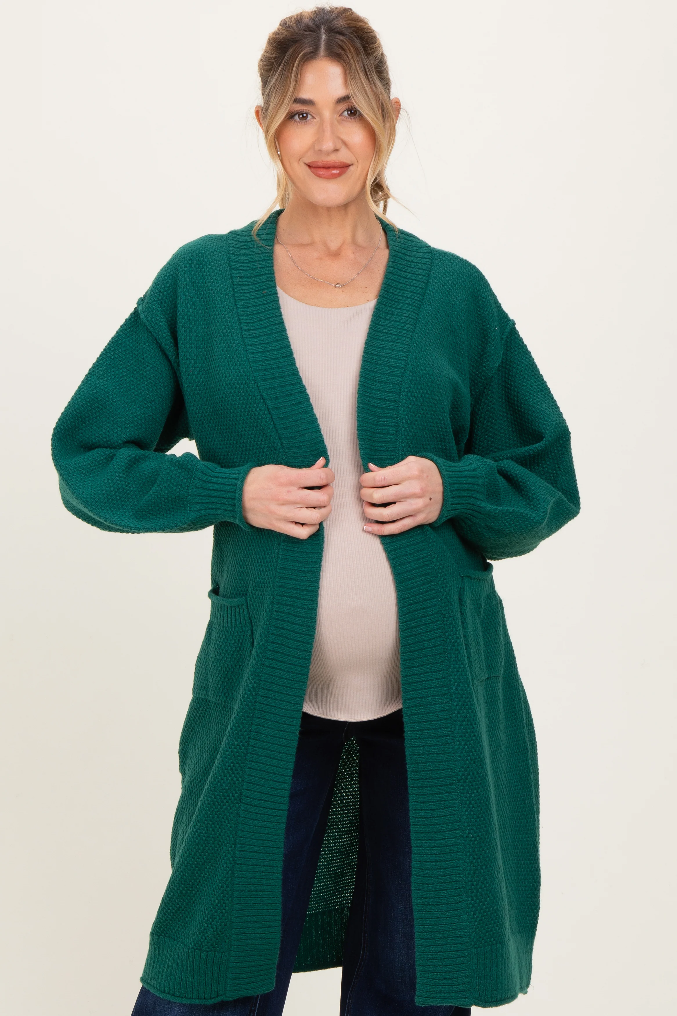 Forest Green Oversized Waffle Knit Long Maternity Cardigan - Image 2