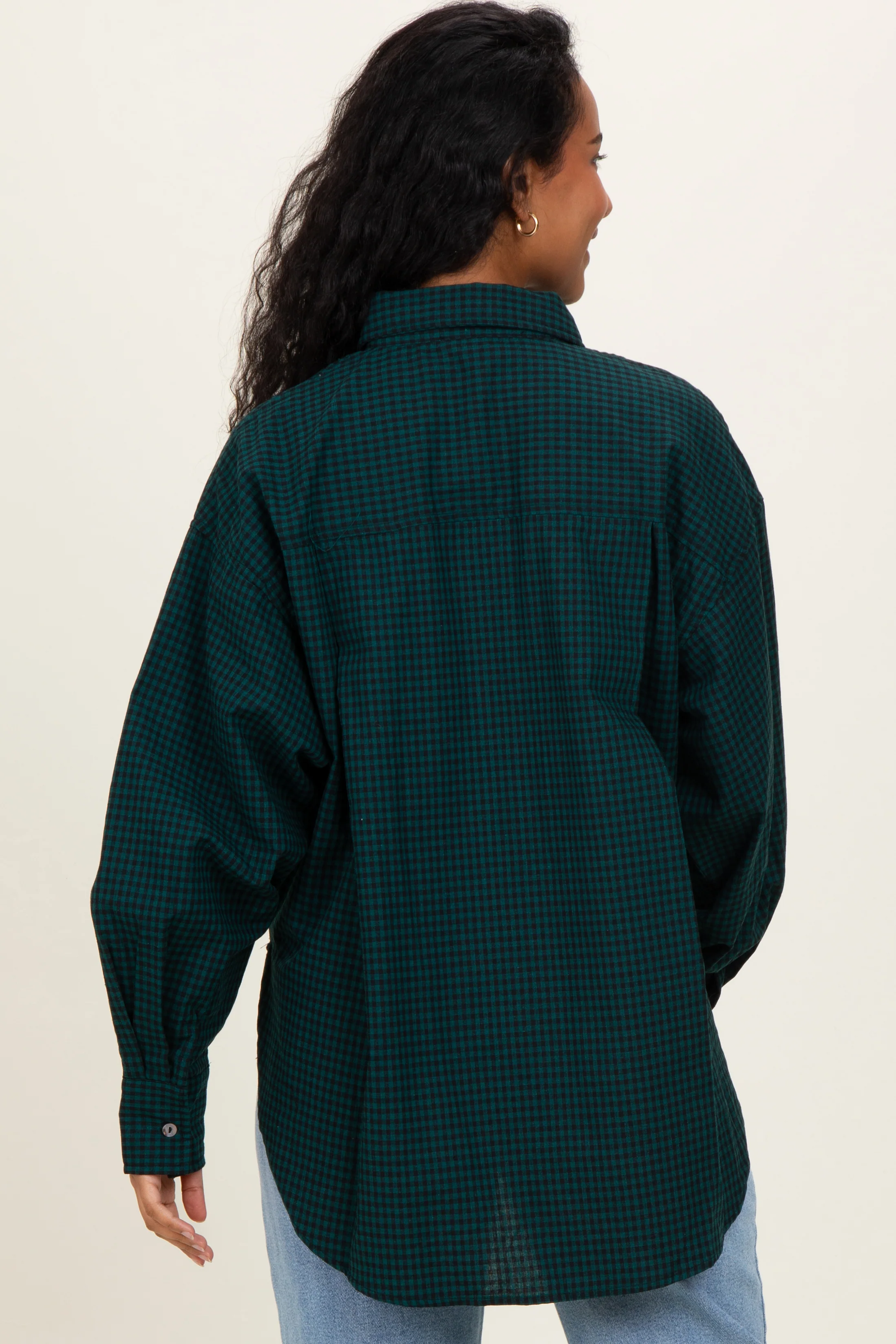Forest Green Plaid Linen Blend Maternity Button Down Shirt - Image 5