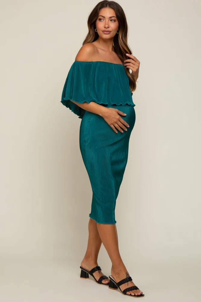 Forest Green Pleated Rib Off Shoulder Maternity Dress - Image 2
