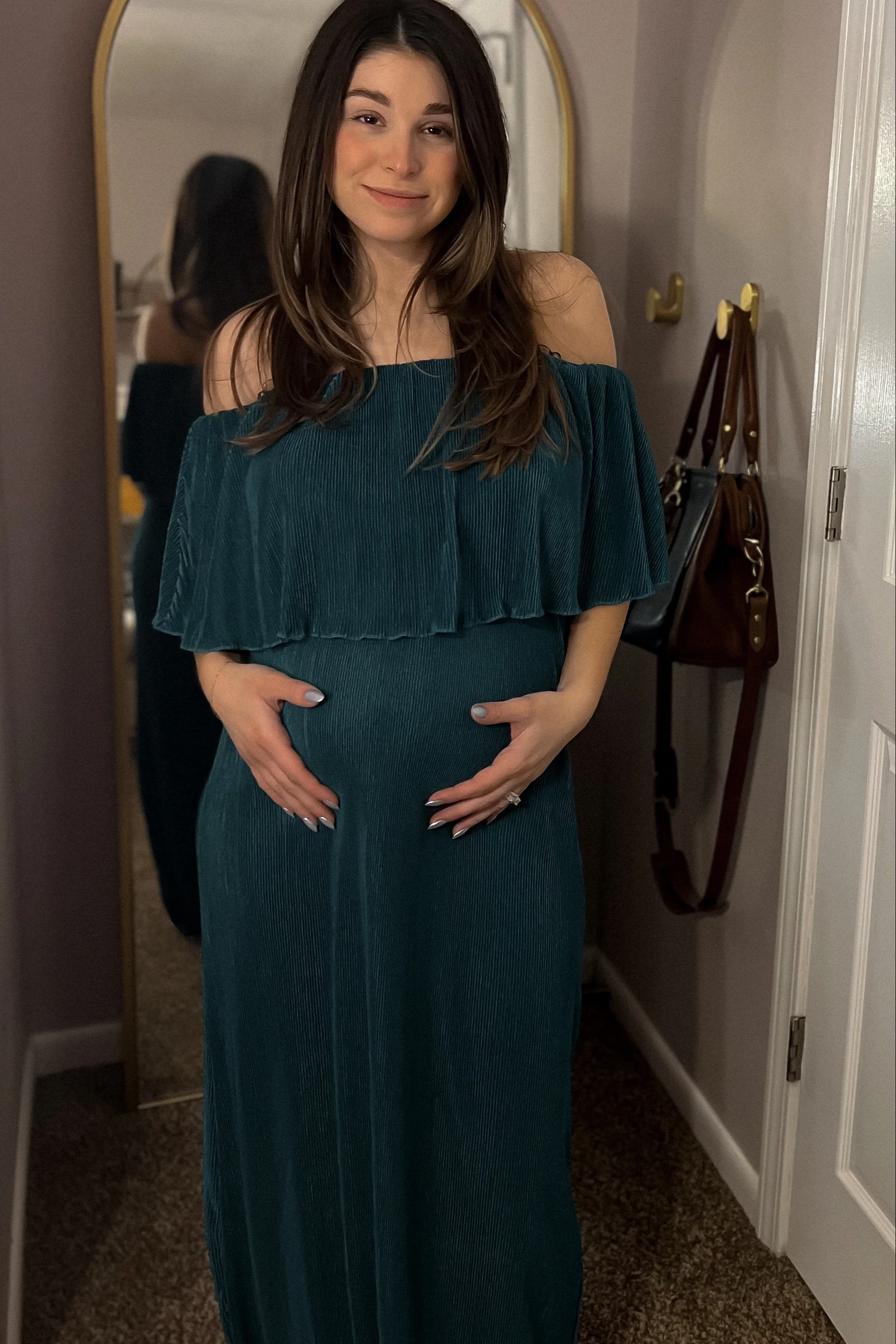 Forest Green Pleated Ruffle Off Shoulder Maternity Maxi Dress - Image 4