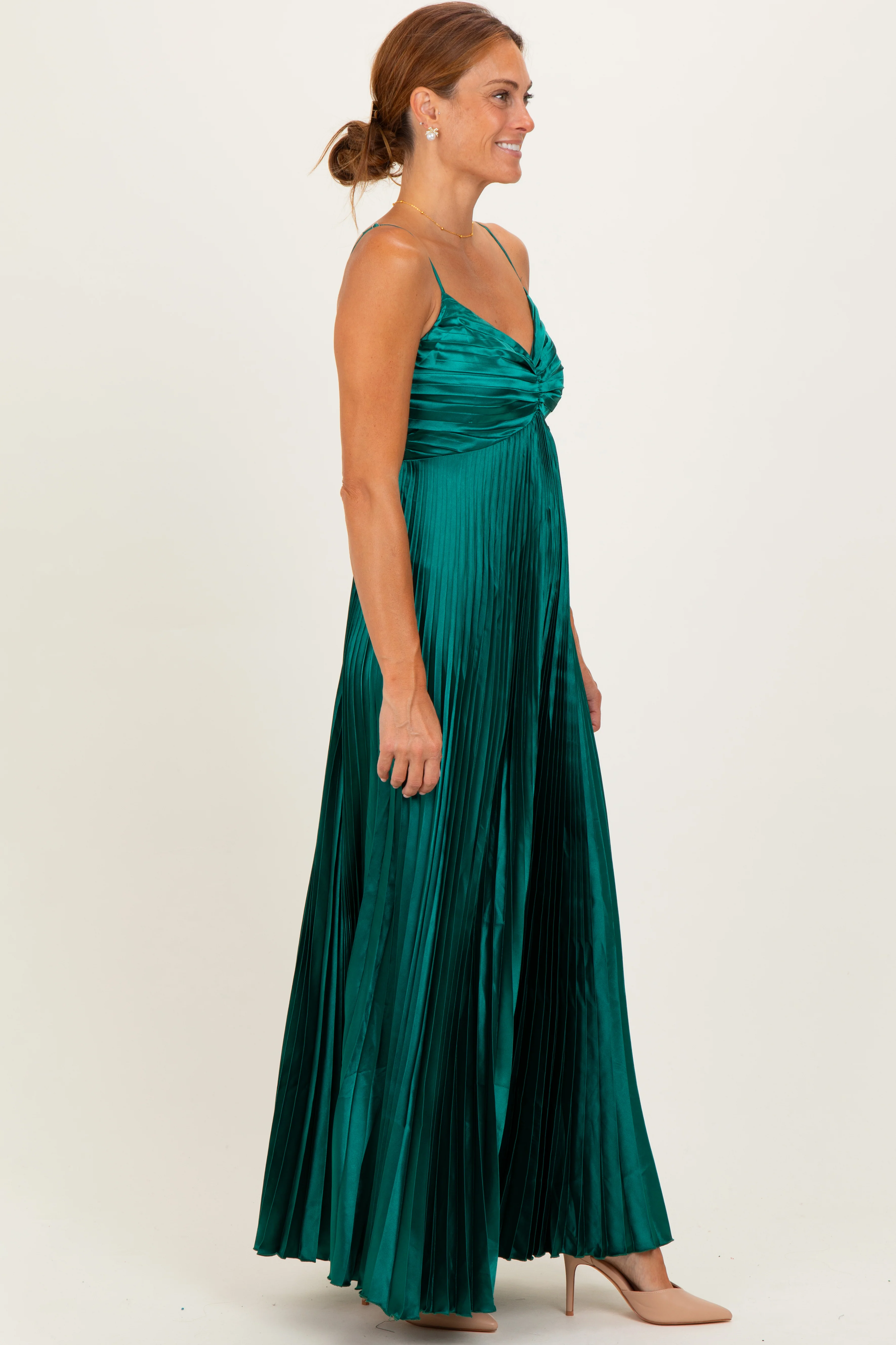 Forest Green Pleated Satin Sleeveless Maxi Dress - Image 3