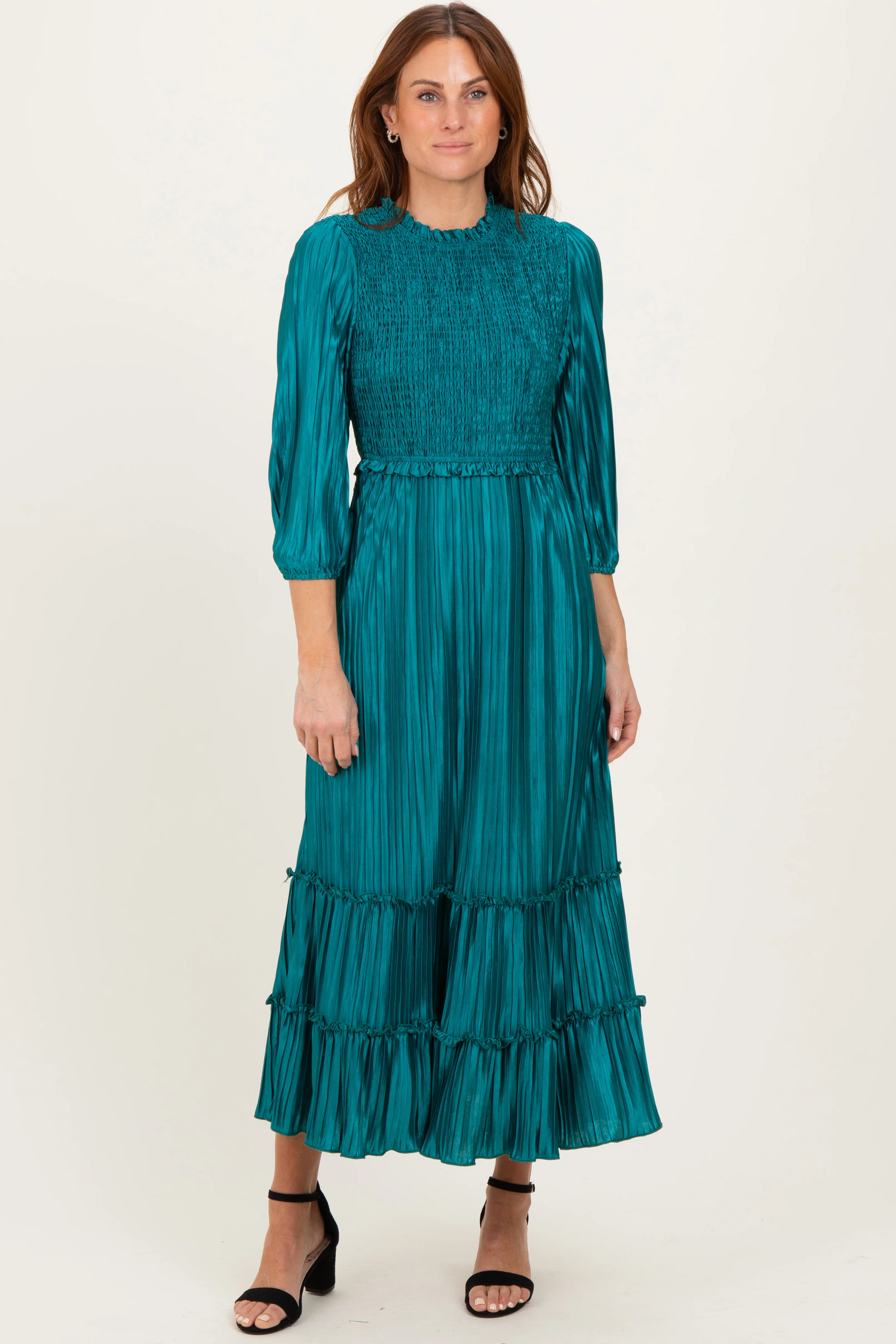 Forest Green Pleated Satin Smocked Bodice Maternity Midi Dress - Image 5