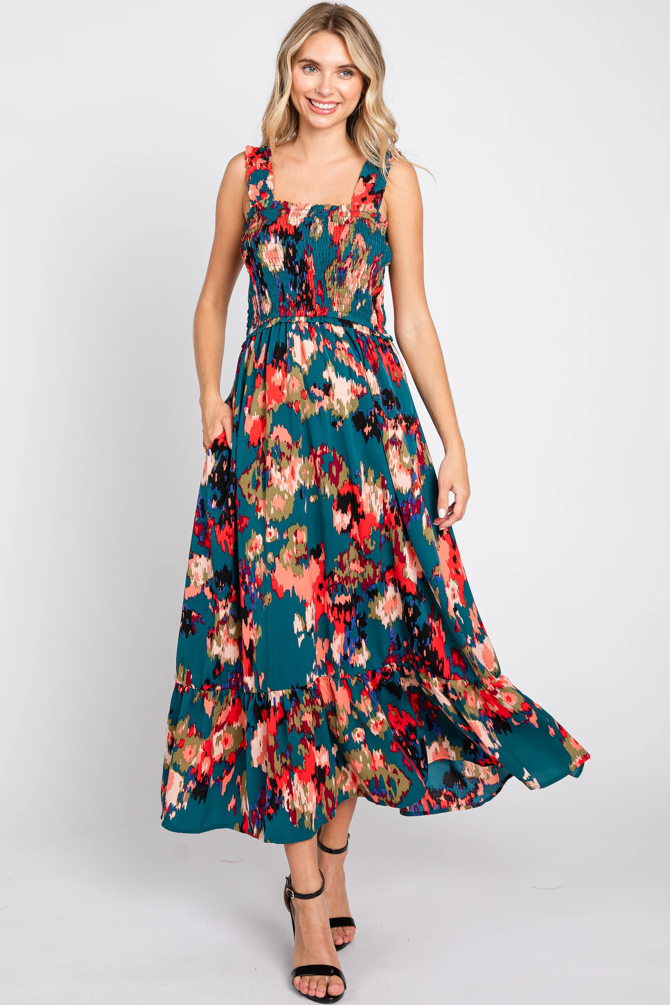 Forest Green Printed Smocked Maternity Midi Dress - Image 5