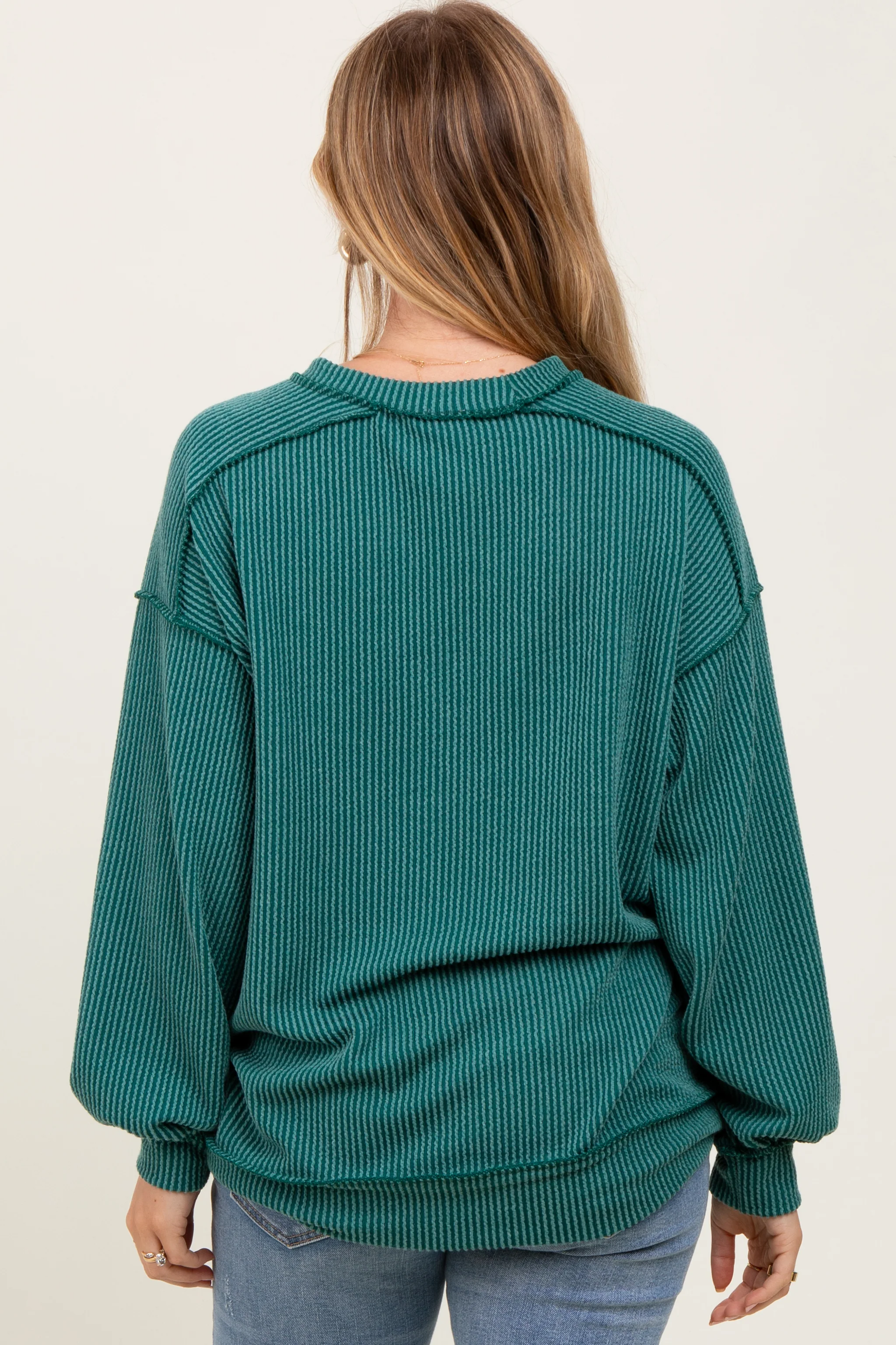Forest Green Ribbed Knit Front Pocket Pullover - Image 3