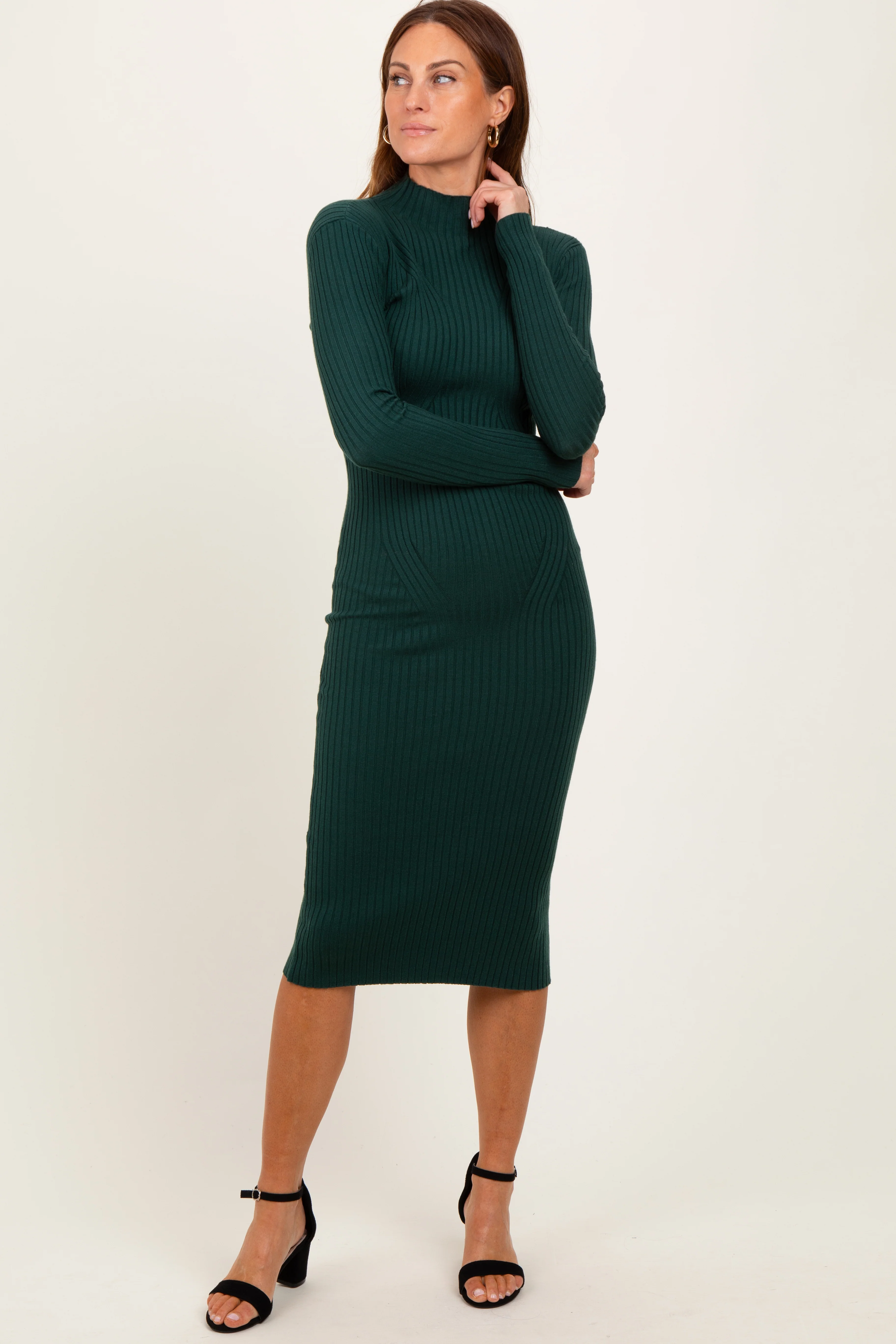 Forest Green Ribbed Knit Mock Neck Long Sleeve Maternity Midi Dress - Image 5