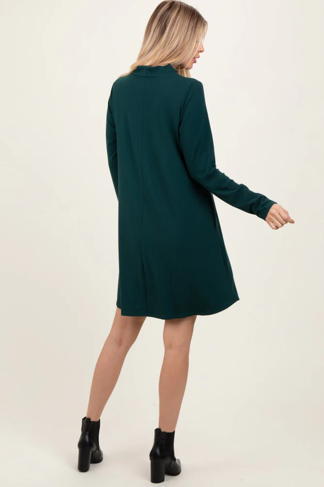 Forest Green Ribbed Mock Neck Long Sleeve Basic Dress - Image 4