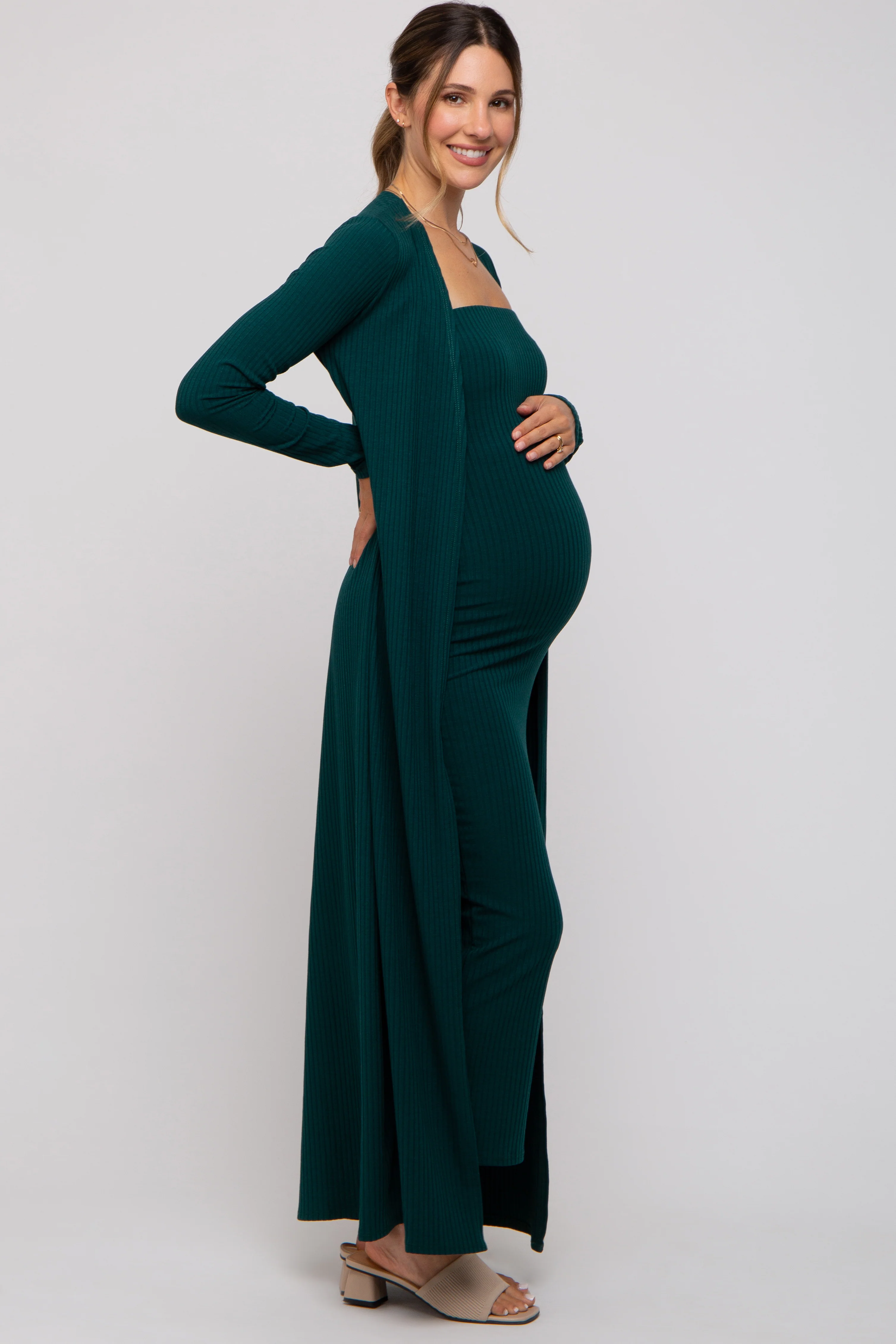 Forest Green Ribbed Sleeveless Dress Cardigan Maternity Set - Image 3