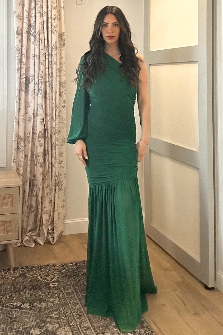 Forest Green Ruched Mesh One Shoulder Asymmetric Maxi Dress - Image 5