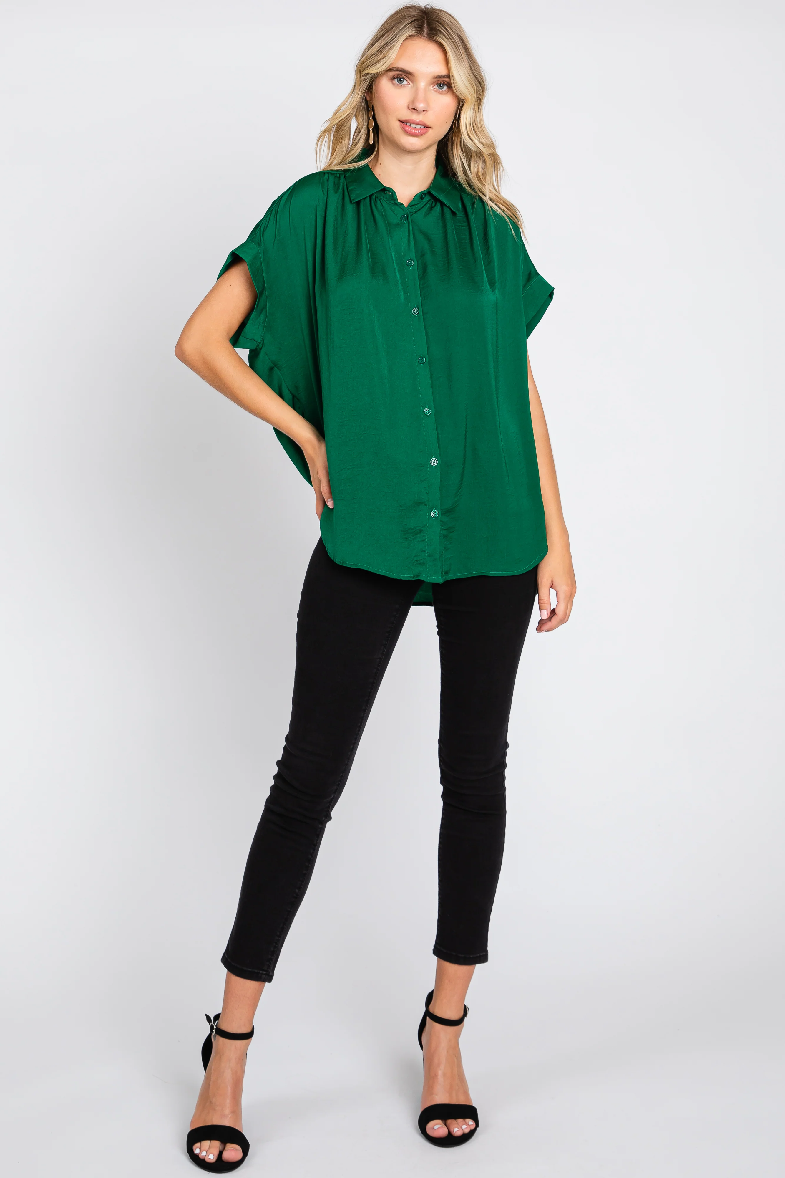 Forest Green Satin Button Front Collared Short Sleeve Top - Image 3
