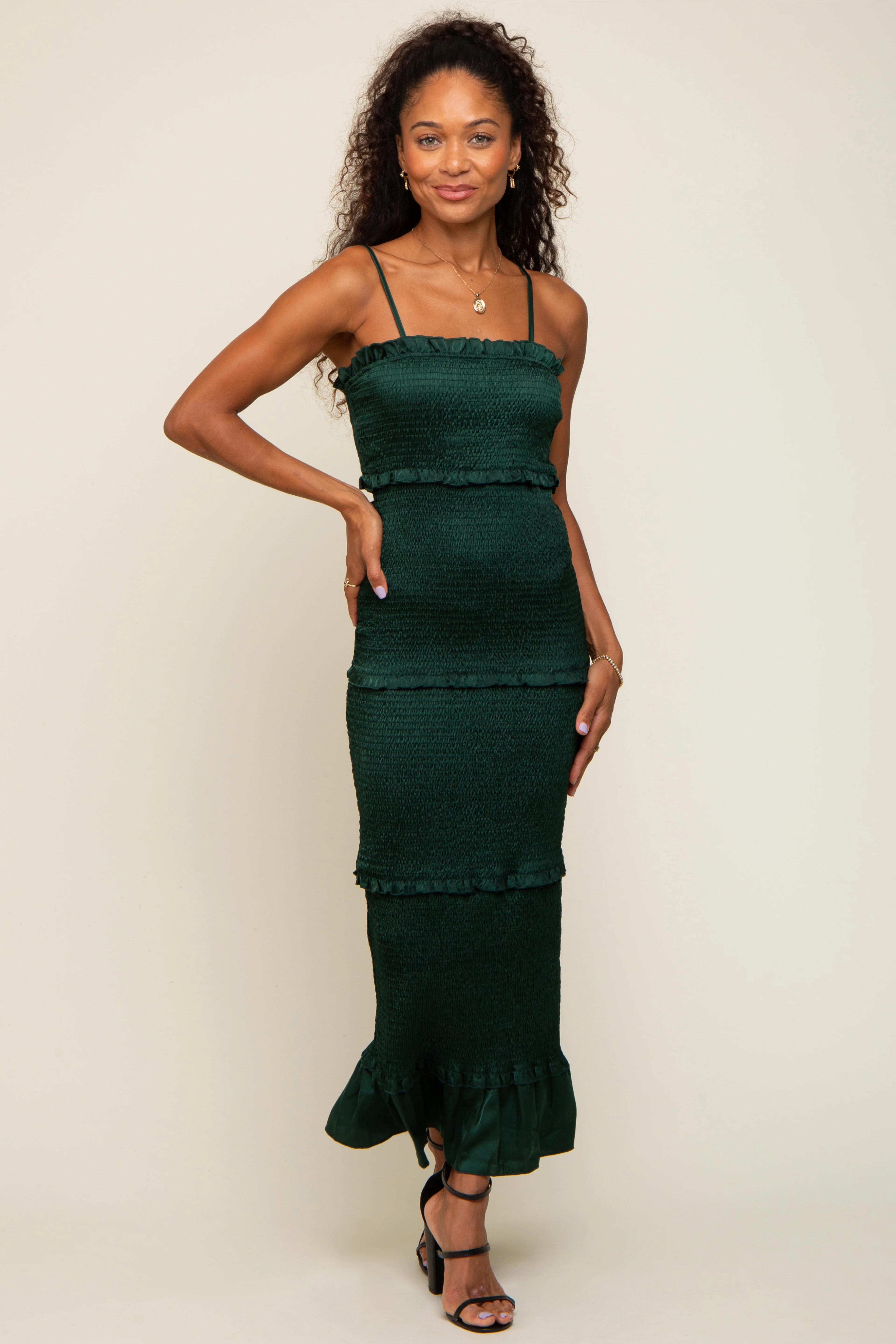 Forest Green Satin Smocked Fitted Maternity Maxi Dress - Image 4