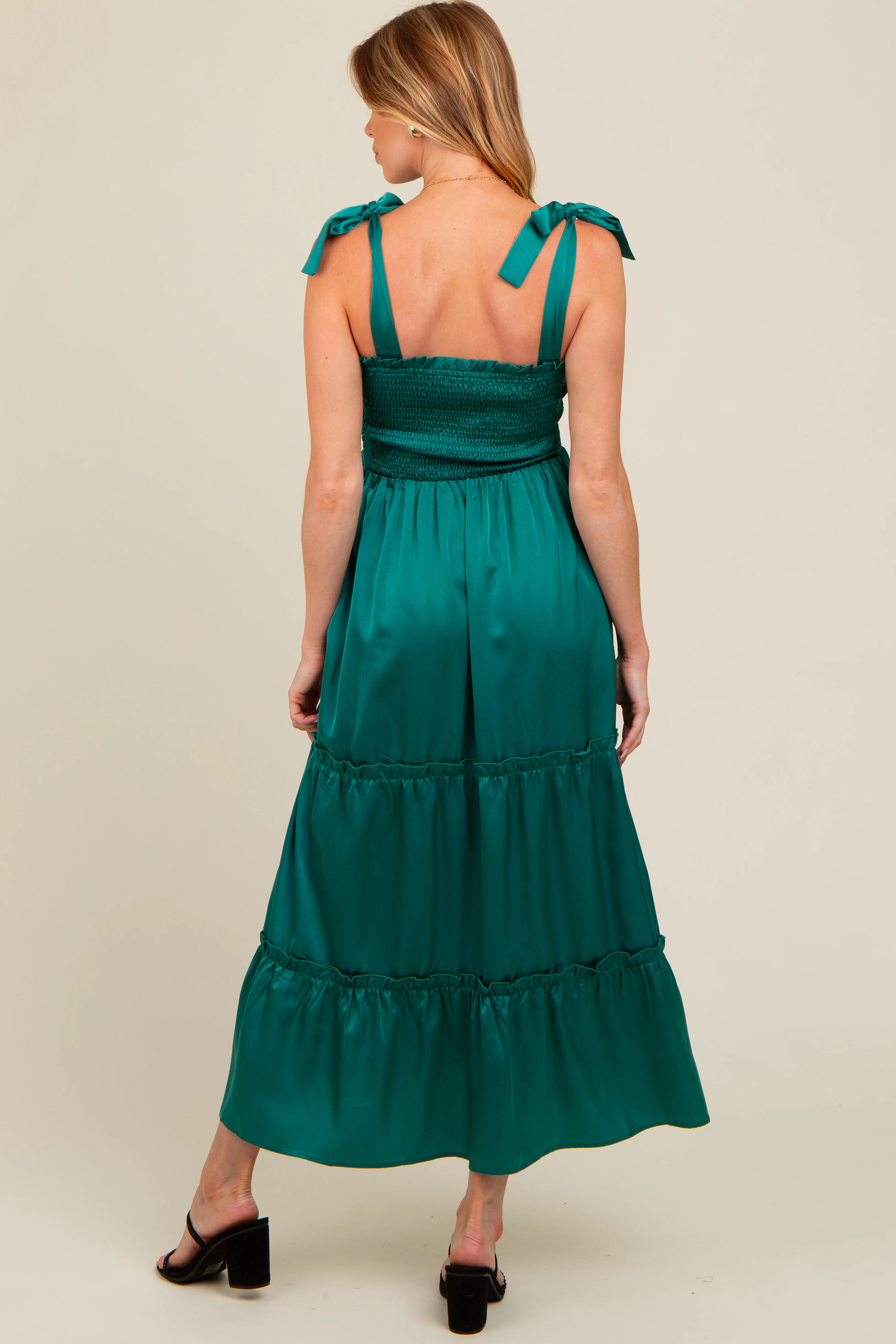 Forest Green Satin Smocked Maternity Maxi Dress - Image 3