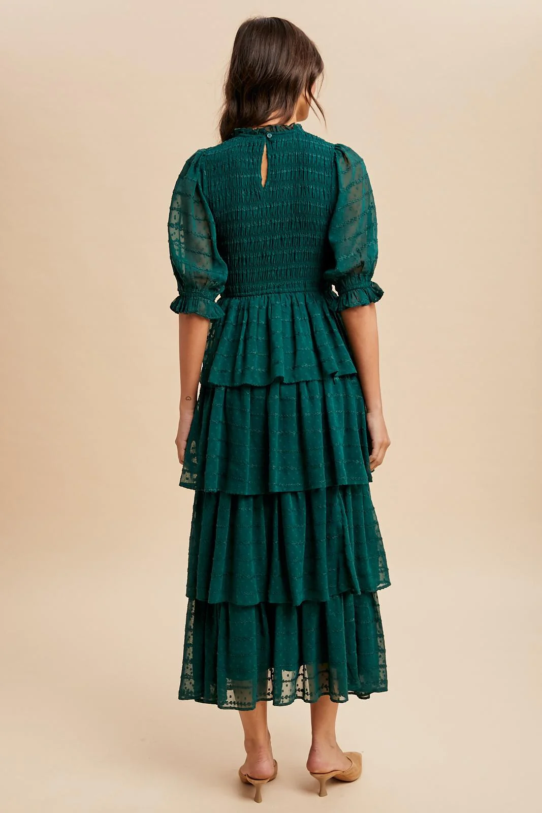 Forest Green Smocked Swiss Dot Tiered Maxi Dress - Image 3