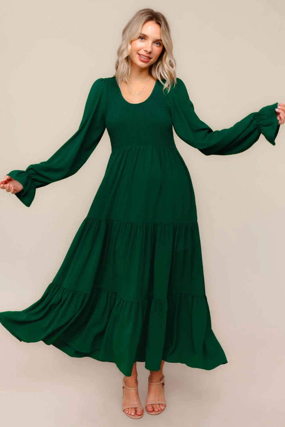 Forest Green Smocked Tiered Long Sleeve Maxi Dress - Image 3