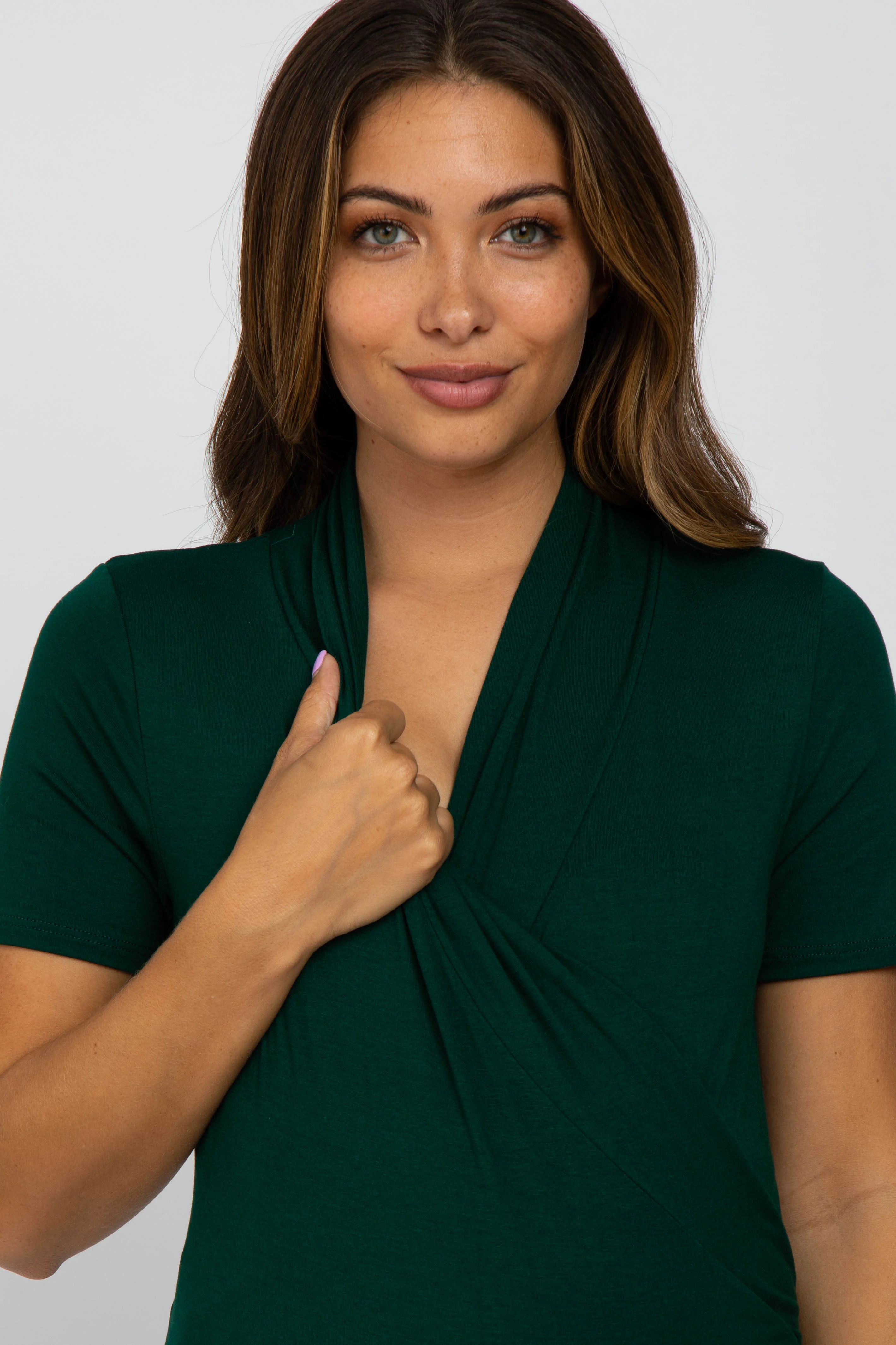 Forest Green Solid Short Sleeve Wrap Front Maternity/Nursing Top - Image 4