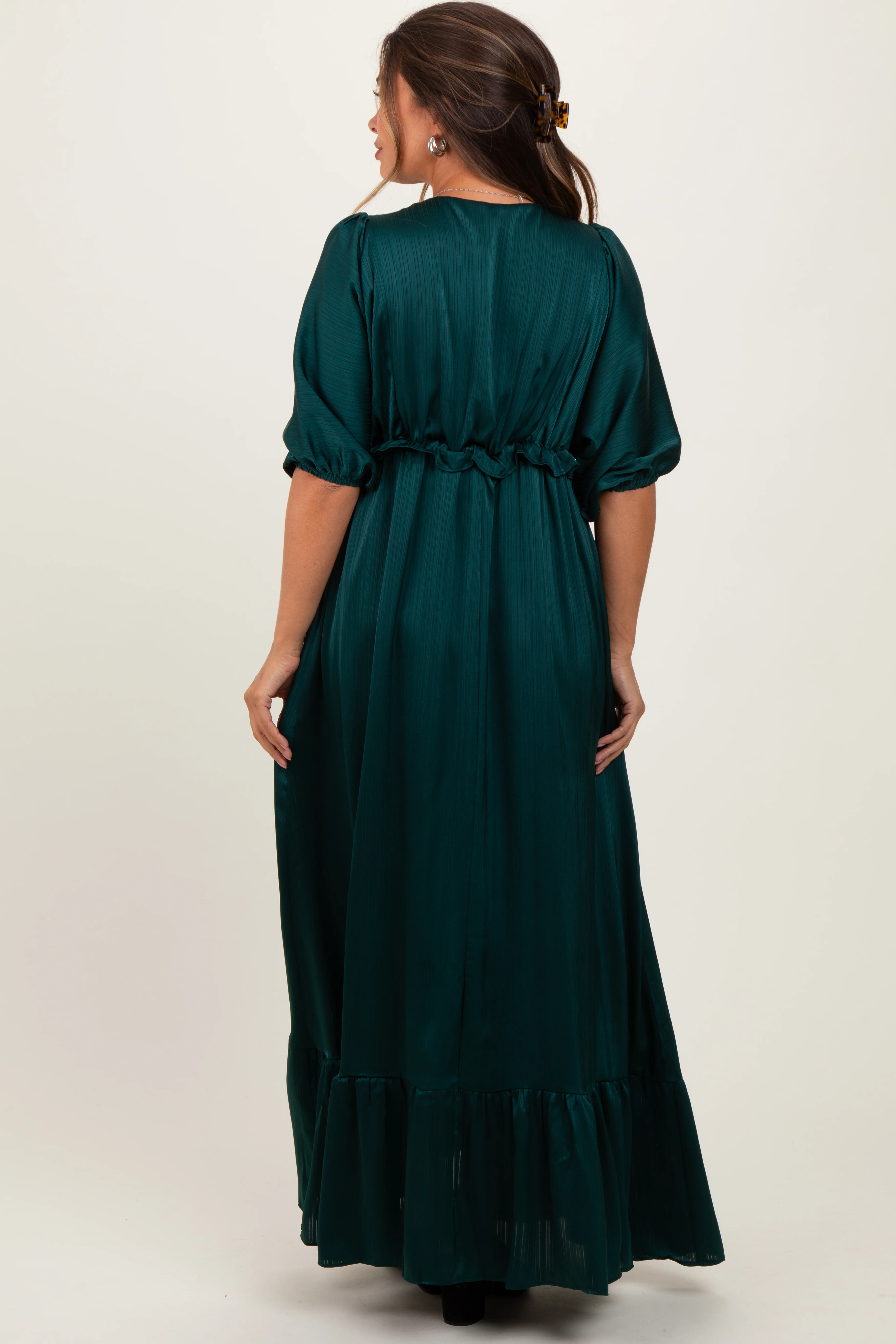 Forest Green Striped Ruffle Accent Maternity Maxi Dress - Image 4