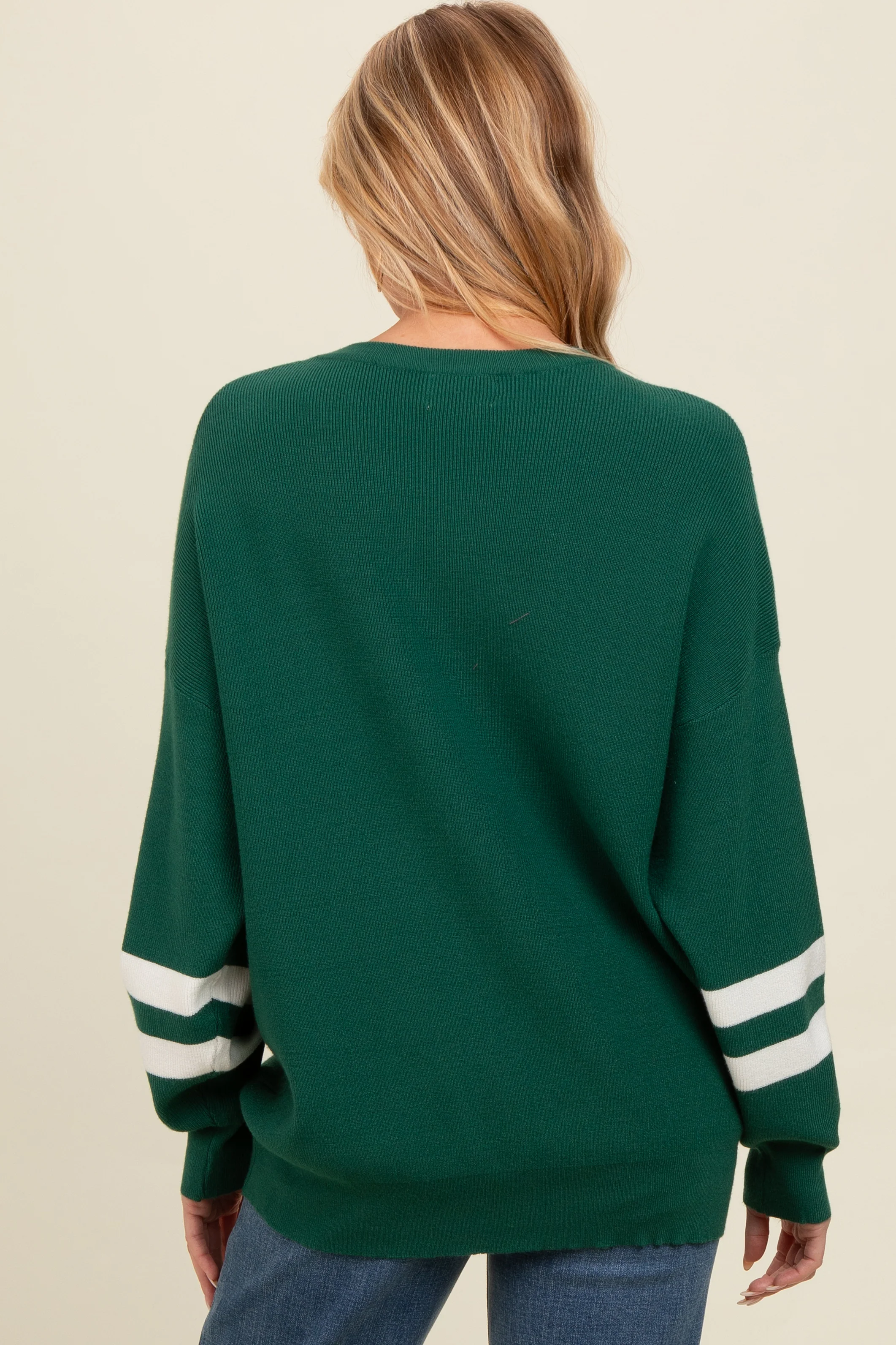 Forest Green Striped Sleeve Relaxed Fit Maternity Sweater - Image 3