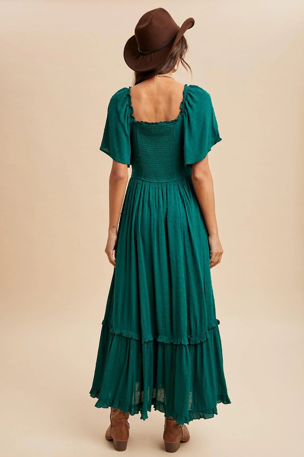 Forest Green Swiss Dot Ruffle Trim Maxi Dress - Image 4