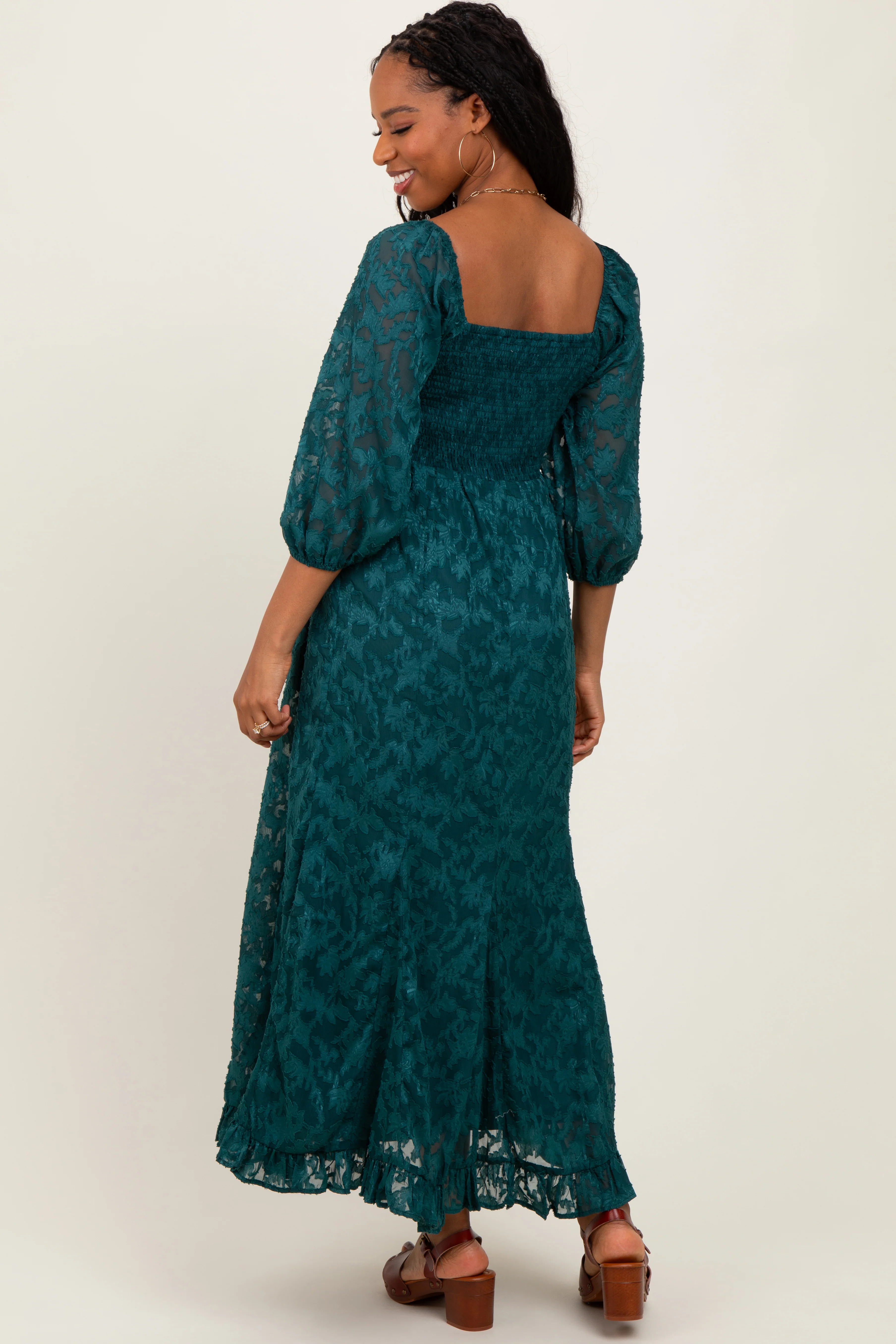Forest Green Textured Overlay Smocked Ruffled Hem Maxi Dress - Image 4