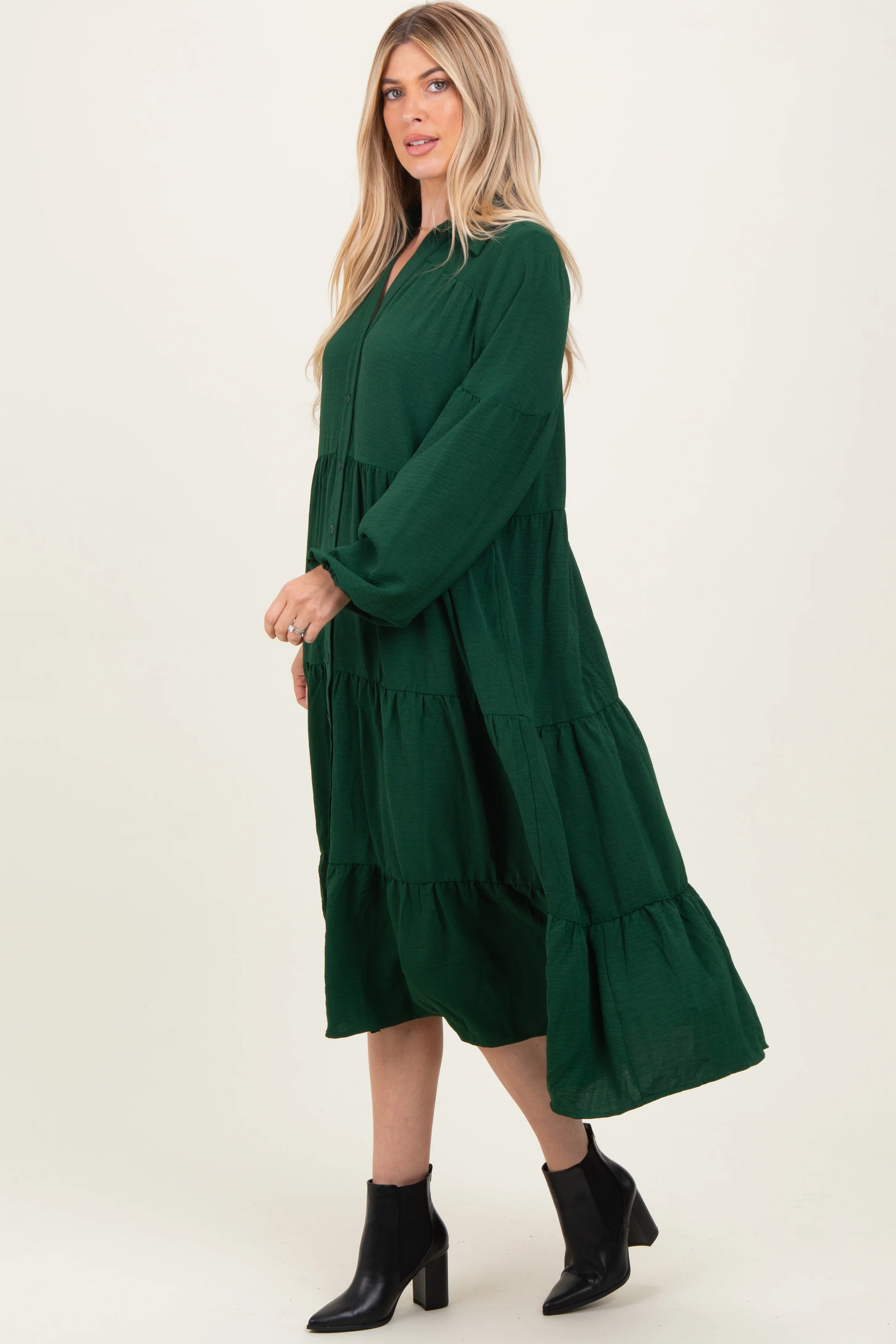 Forest Green Tiered Button Down Long Sleeve Maxi Dress - Image 3